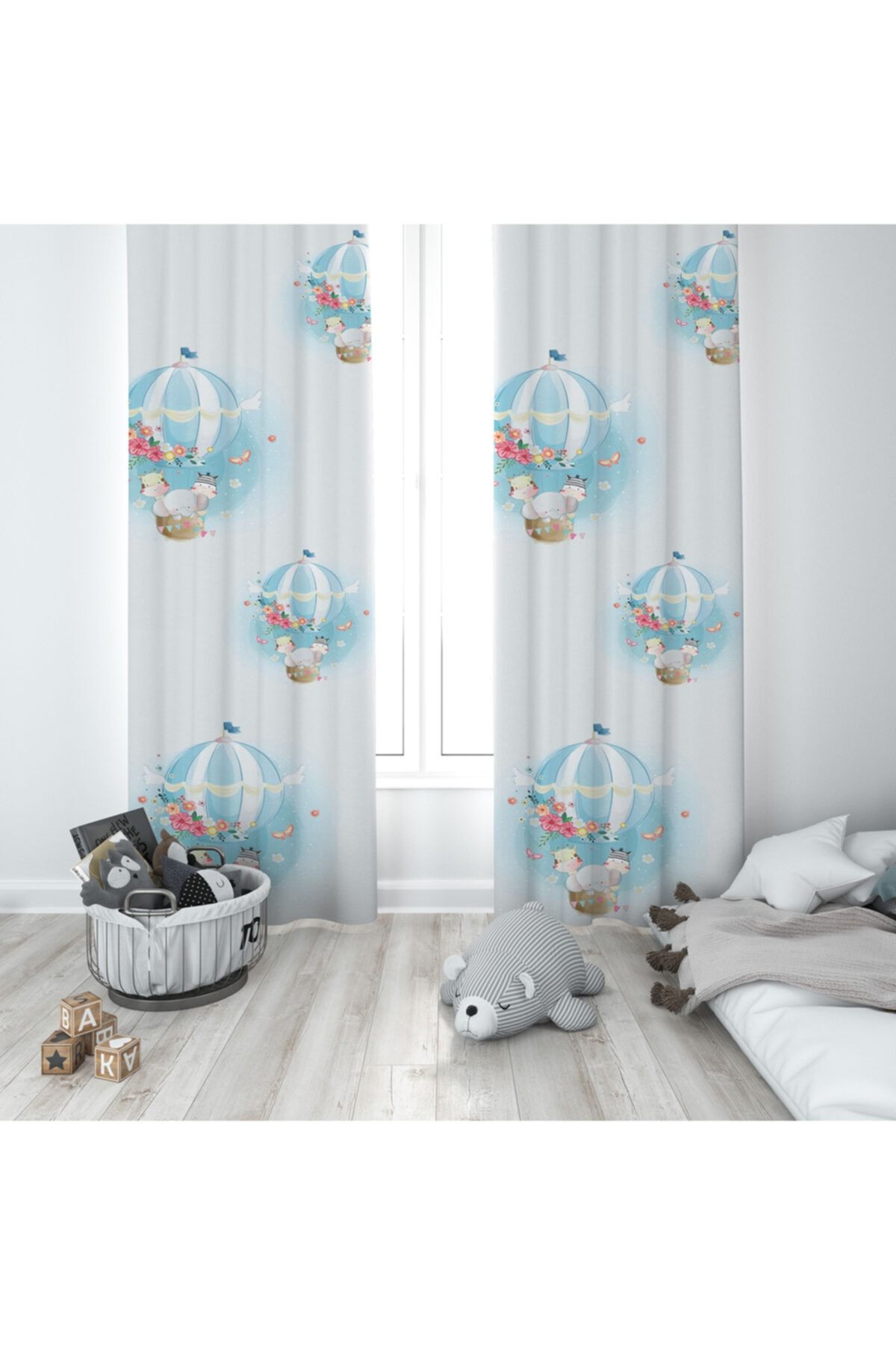 RONNA HOME Bebek Ve Çocuk Odası Fil Ve Çiçekli Uçan Balon Desenli Fon Perde Rnnfp-003