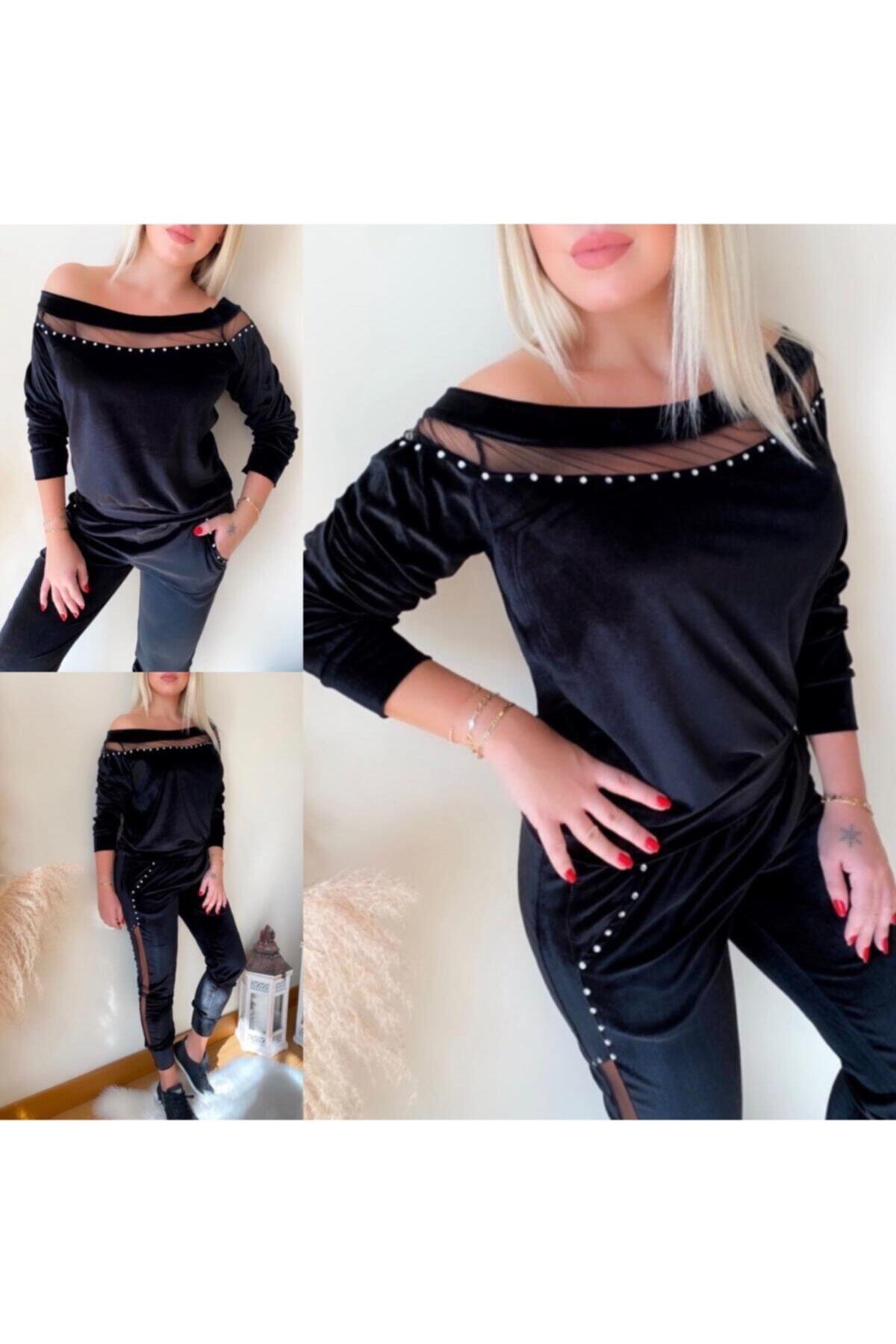 Arya Moda Tül Ve Taş Detaylı Kadife Eşofman Takımı.
