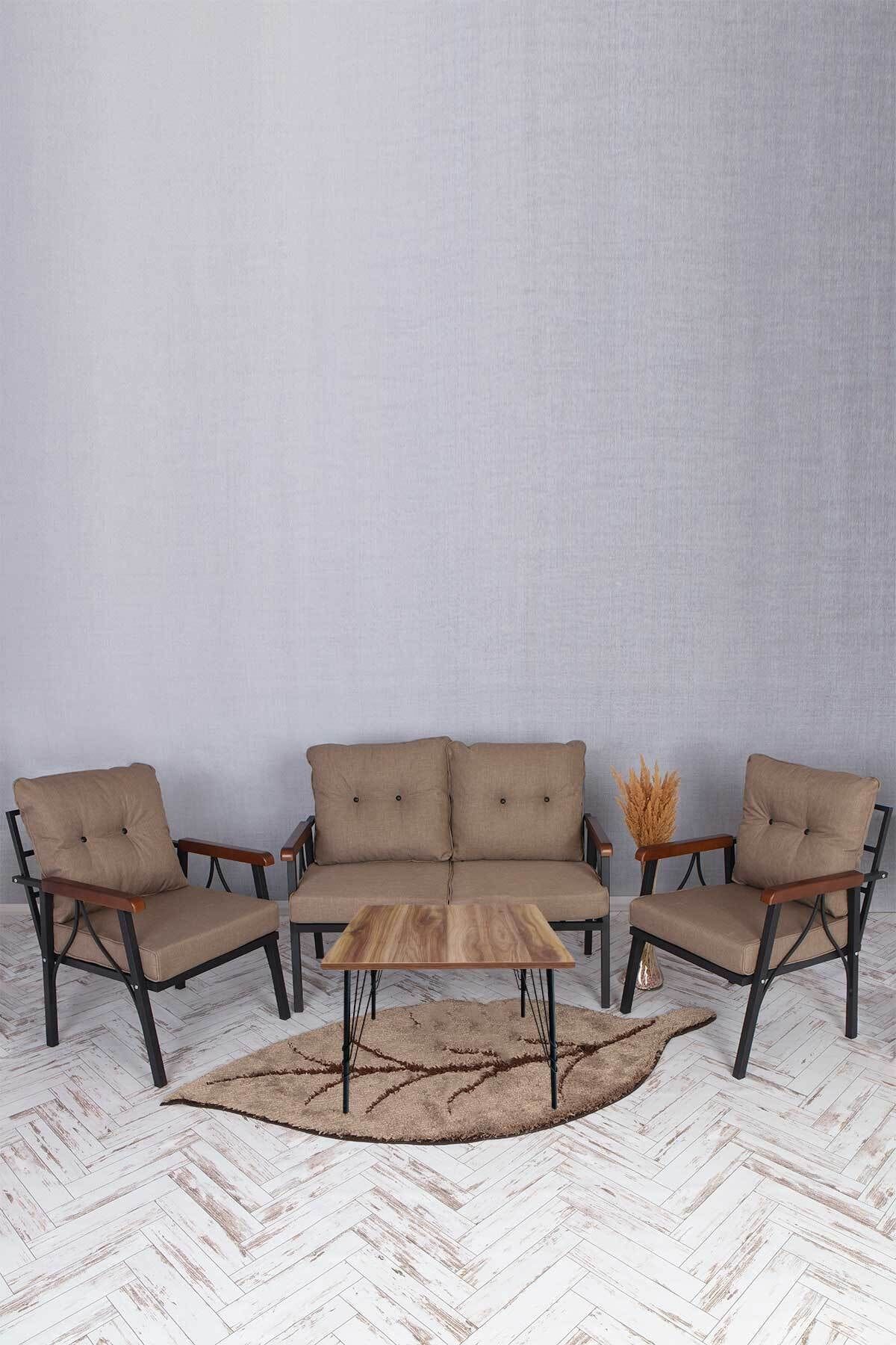 UFUK HOME Balkon, Bahçe Mobilyası 2+1+1 Takım Sehpalı Bej Renk