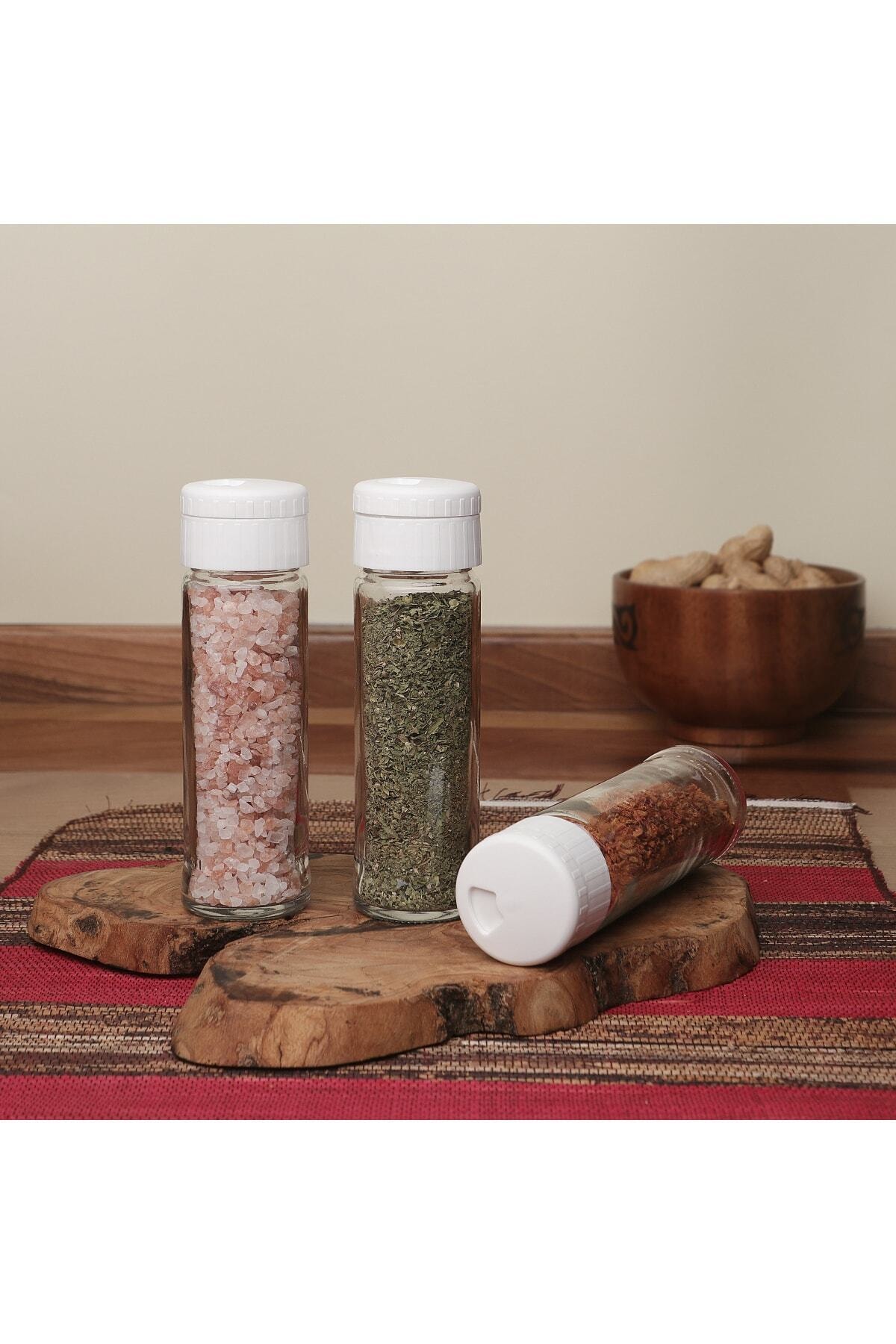 melik's Pine 3lü Baharat Takımı Beyaz Kapaklı Cam Baharatlık