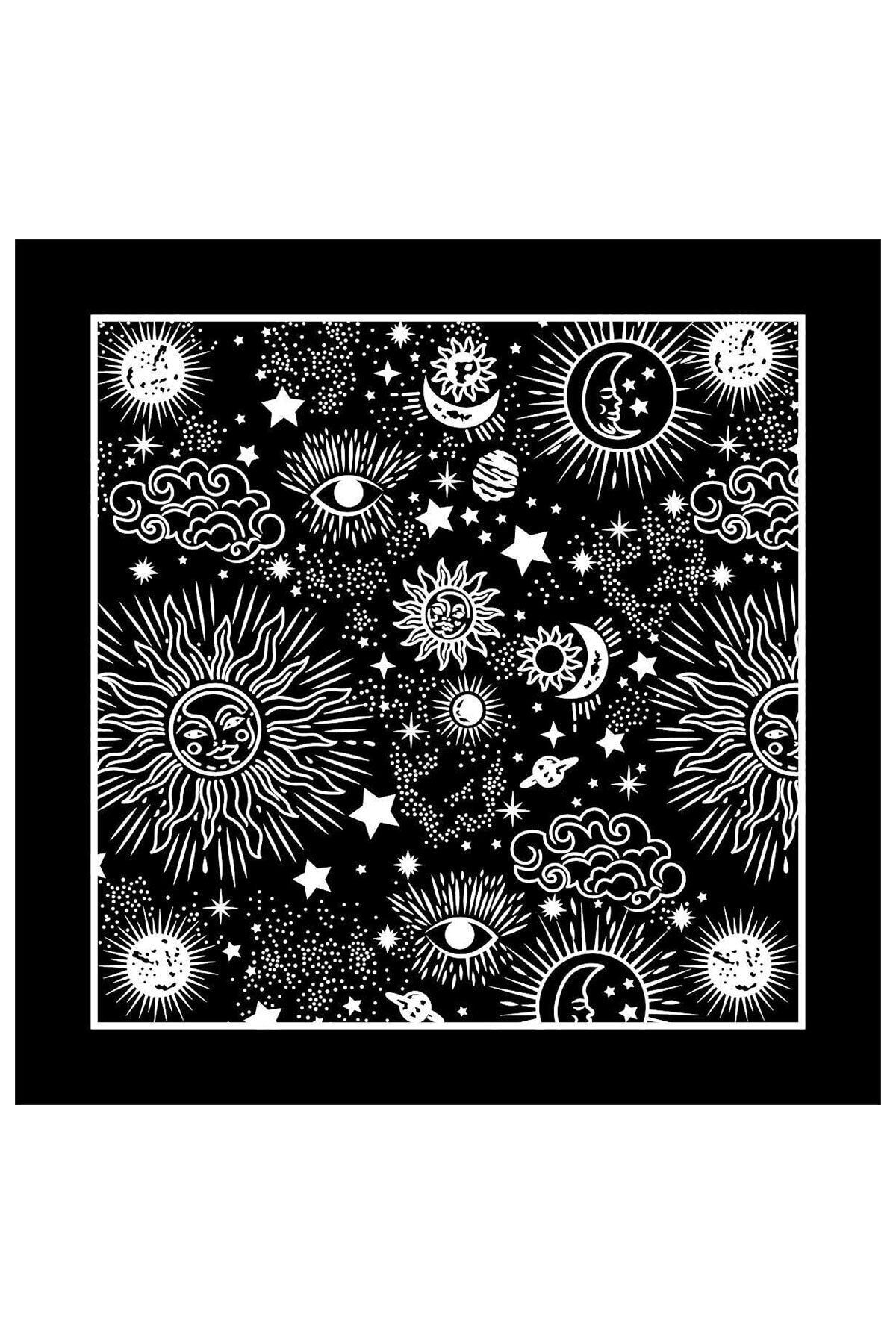 indirimsepeti Kadın Siyah Beyaz Moon Galaksi Desenli %100 Pamuk Bandana Fular