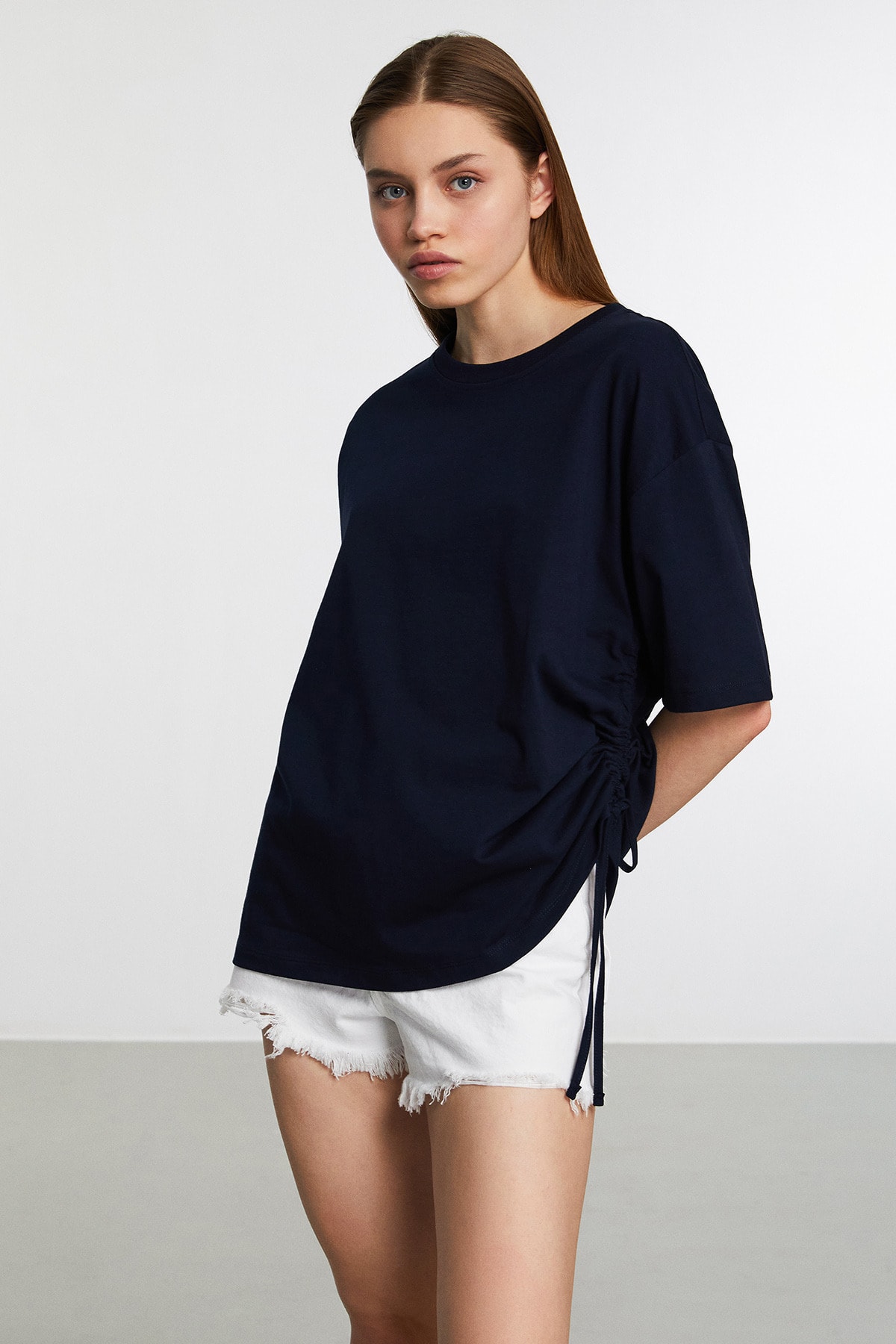 GRIMELANGE Durban Kadın Lacivert Düz Renk Bisiklet Yaka Oversize T-shirt