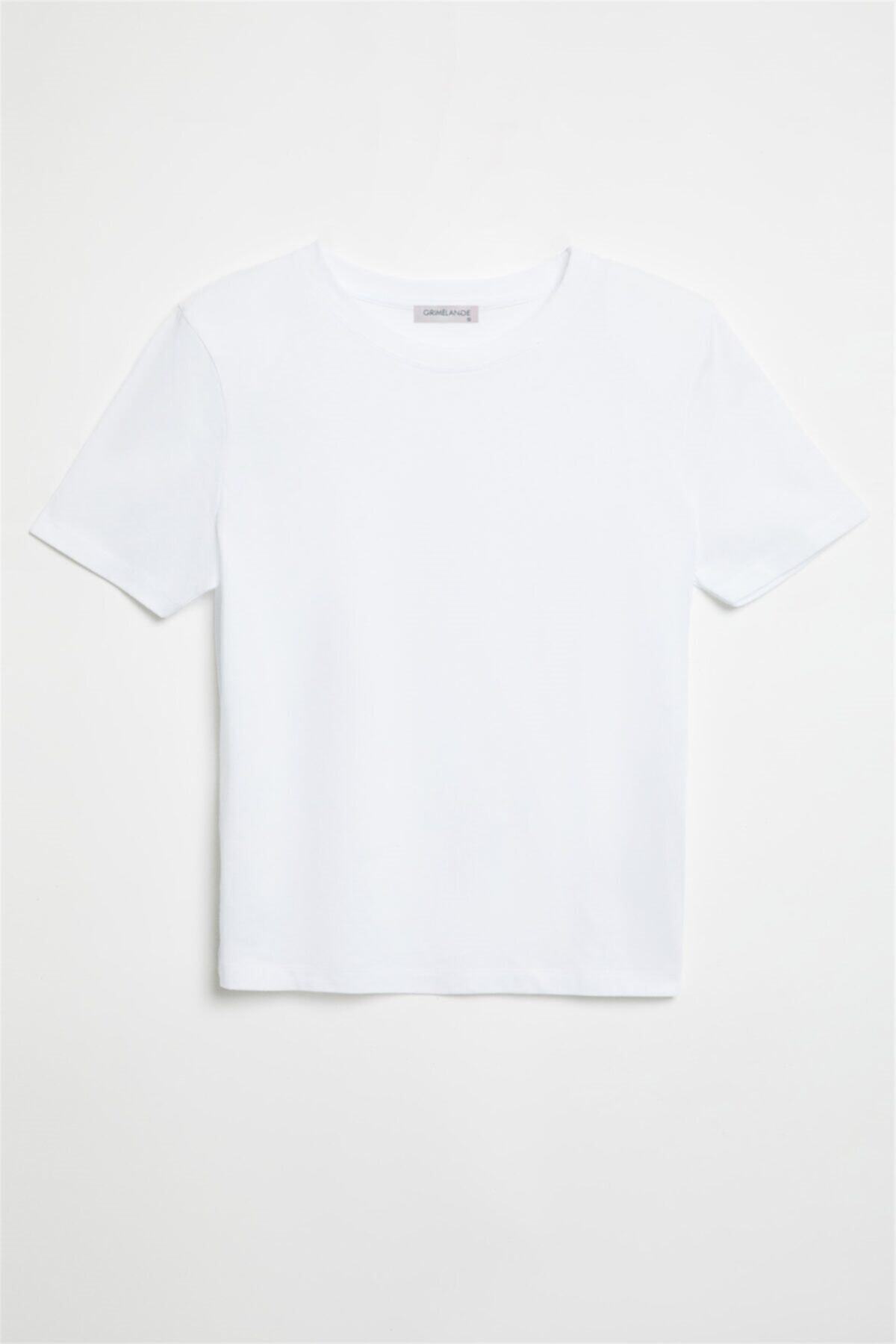 GRIMELANGE Hannah Kadın Beyaz Düz Renk Bisiklet Yaka Comfort T-shirt