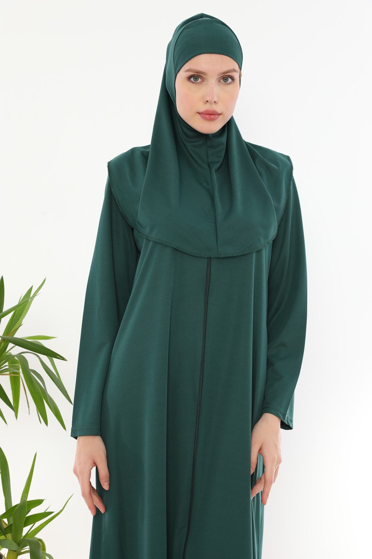 Feyza Fashion Namaz Elbisesi Fermuarlı Başörtülü Pratik Giyimli Namaz Elbisesi Zümrüt Yeşili