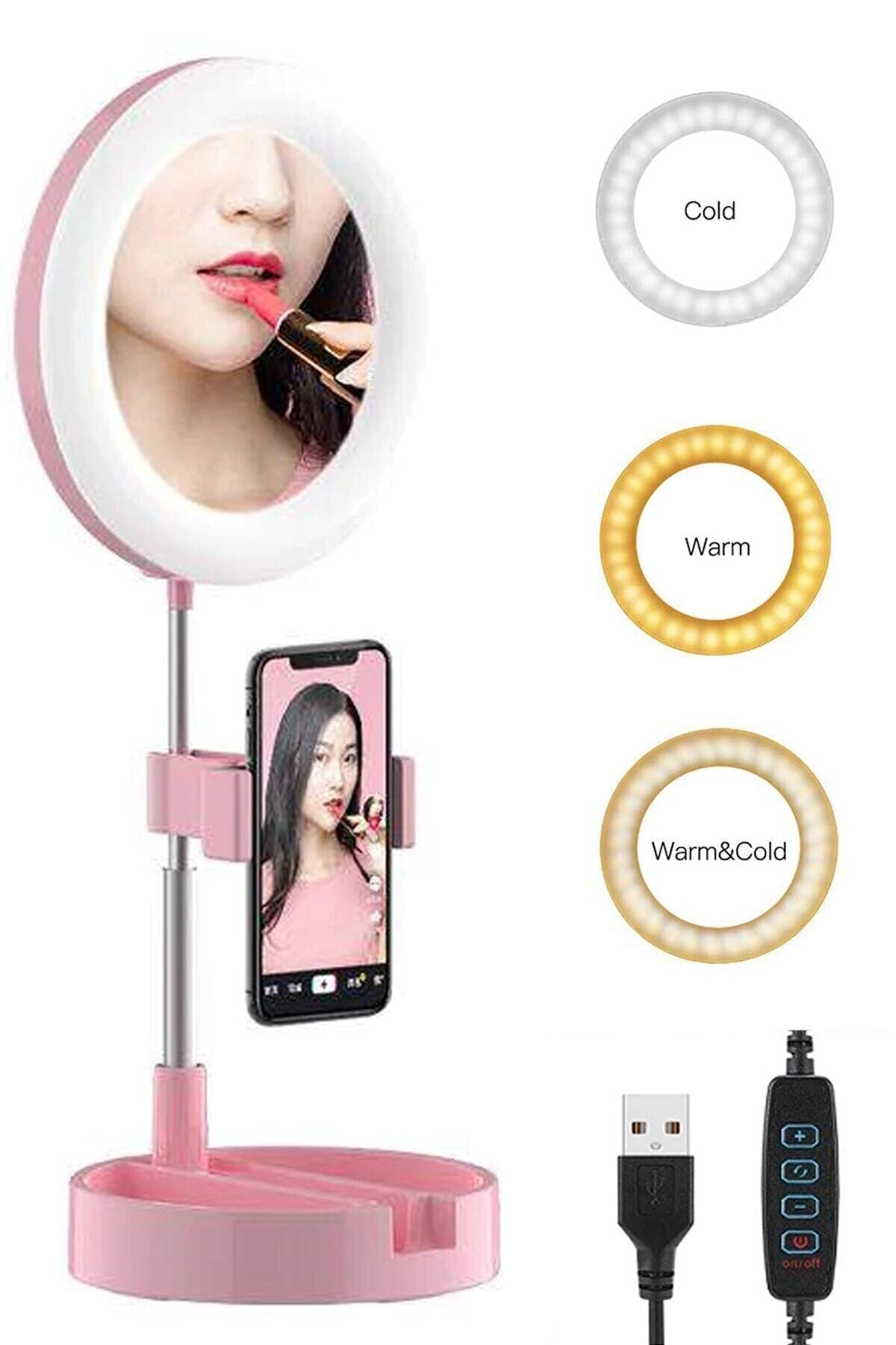 Asfal 57 Cm Katlanabilir Aynalı Led Işık Selfie Kuaför Makyaj Işığı Make Up Ring Light 6 Inç Pembe