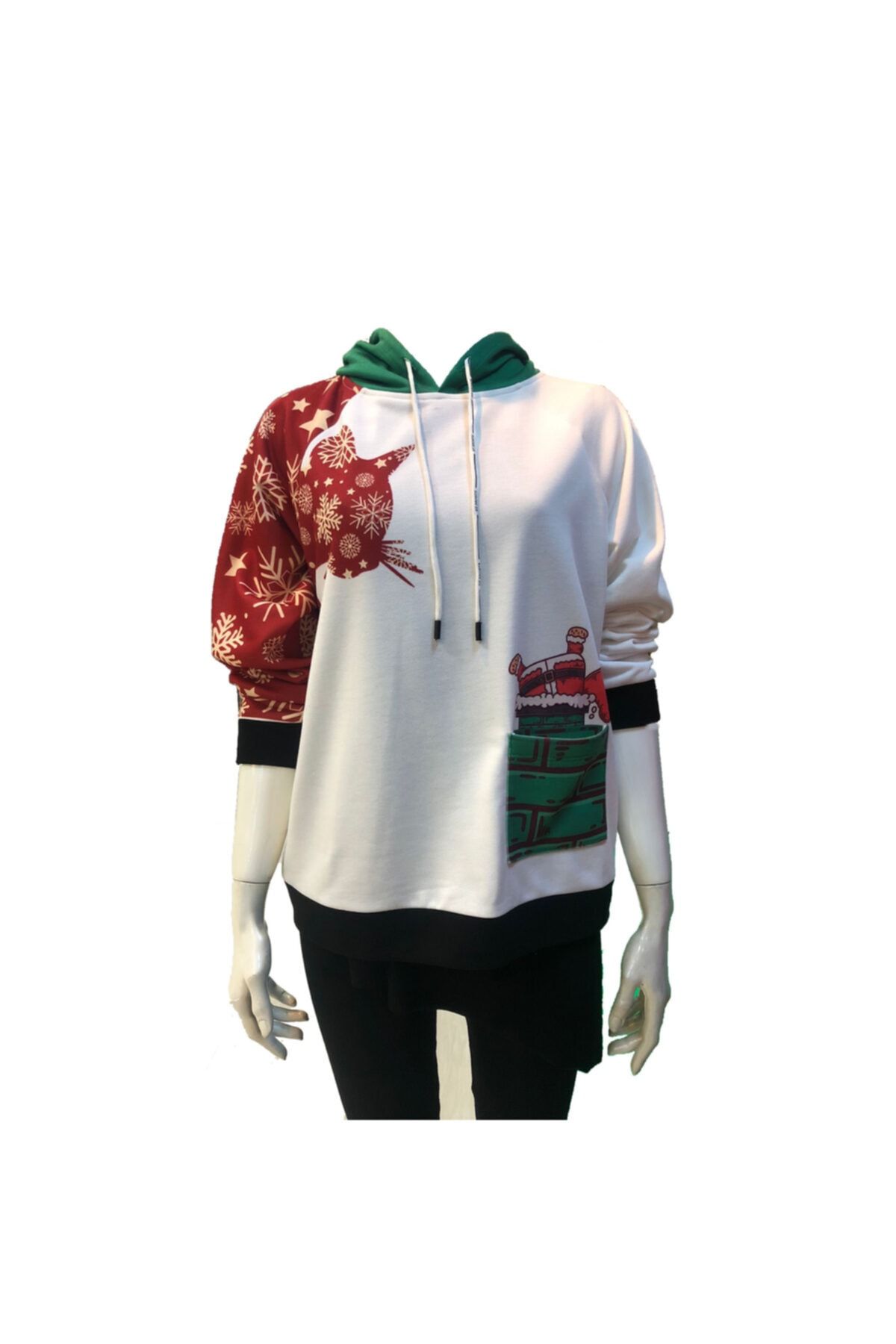 Asortik Butik Kedi Figürlü Yılbaşı Temalı Baskılı Kadın Sweatshirt