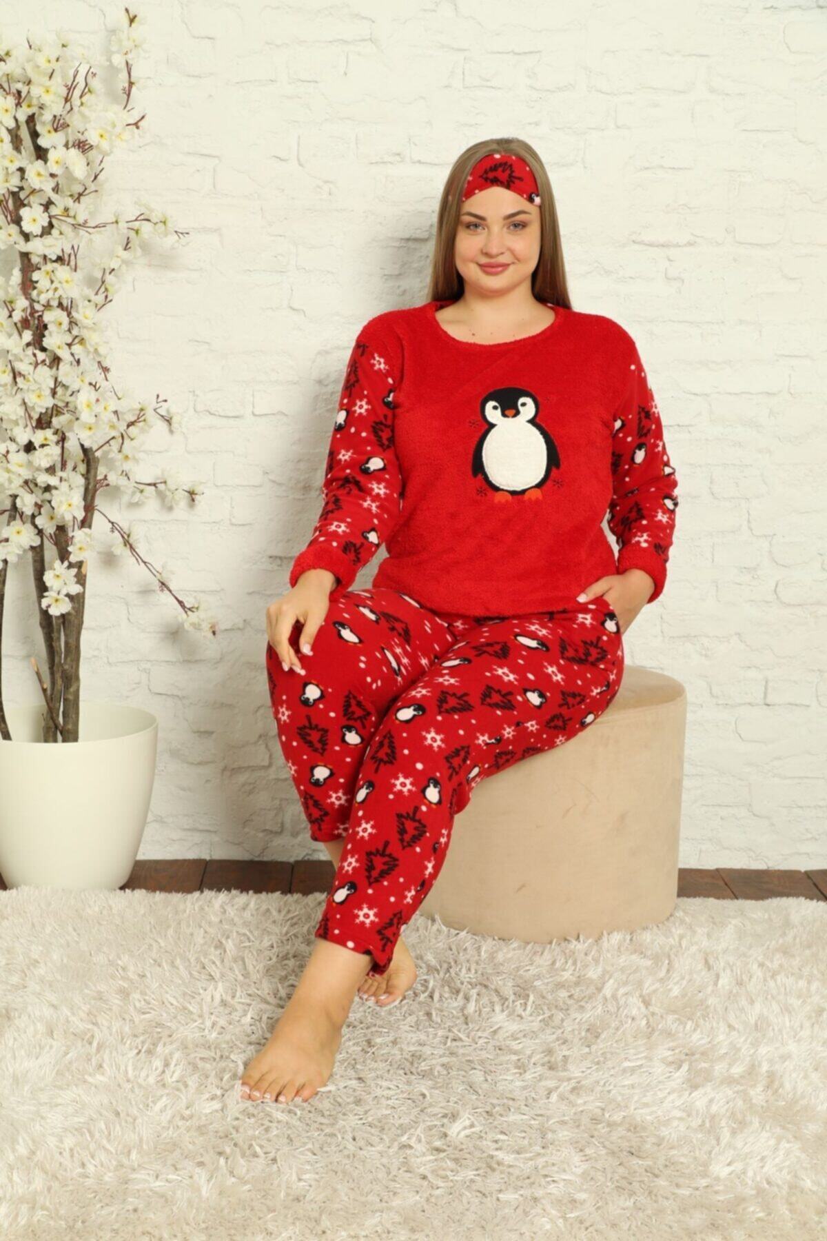 MİRELLA Kadın Kırmızı Penguen Desenli Uzun Kollu Polar Peluş Kışlık Büyük Beden Pijama Takımı