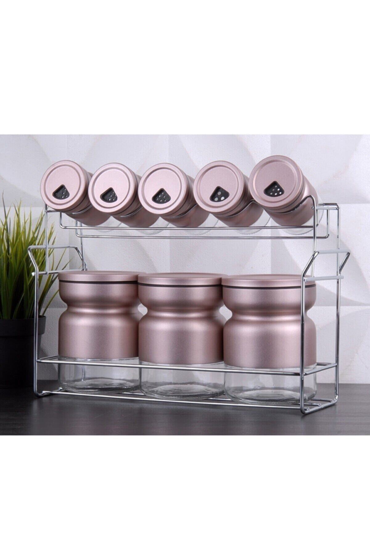 Vio Bella Rose Gold 9 Parça Metal Kaplı Cam Baharat Takımı