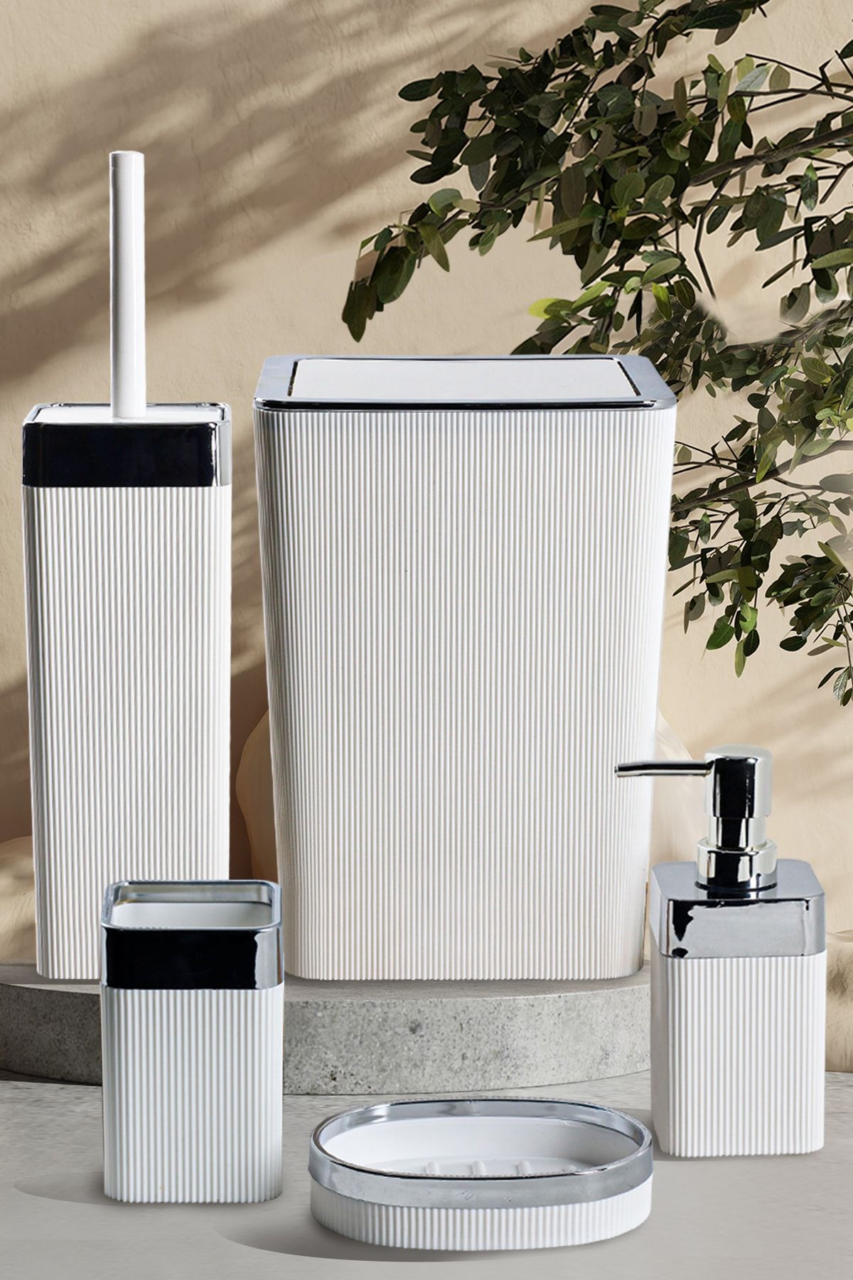 Violet Still Rattan 5 Parça Krom Kaplama Kare Banyo Seti Beyaz