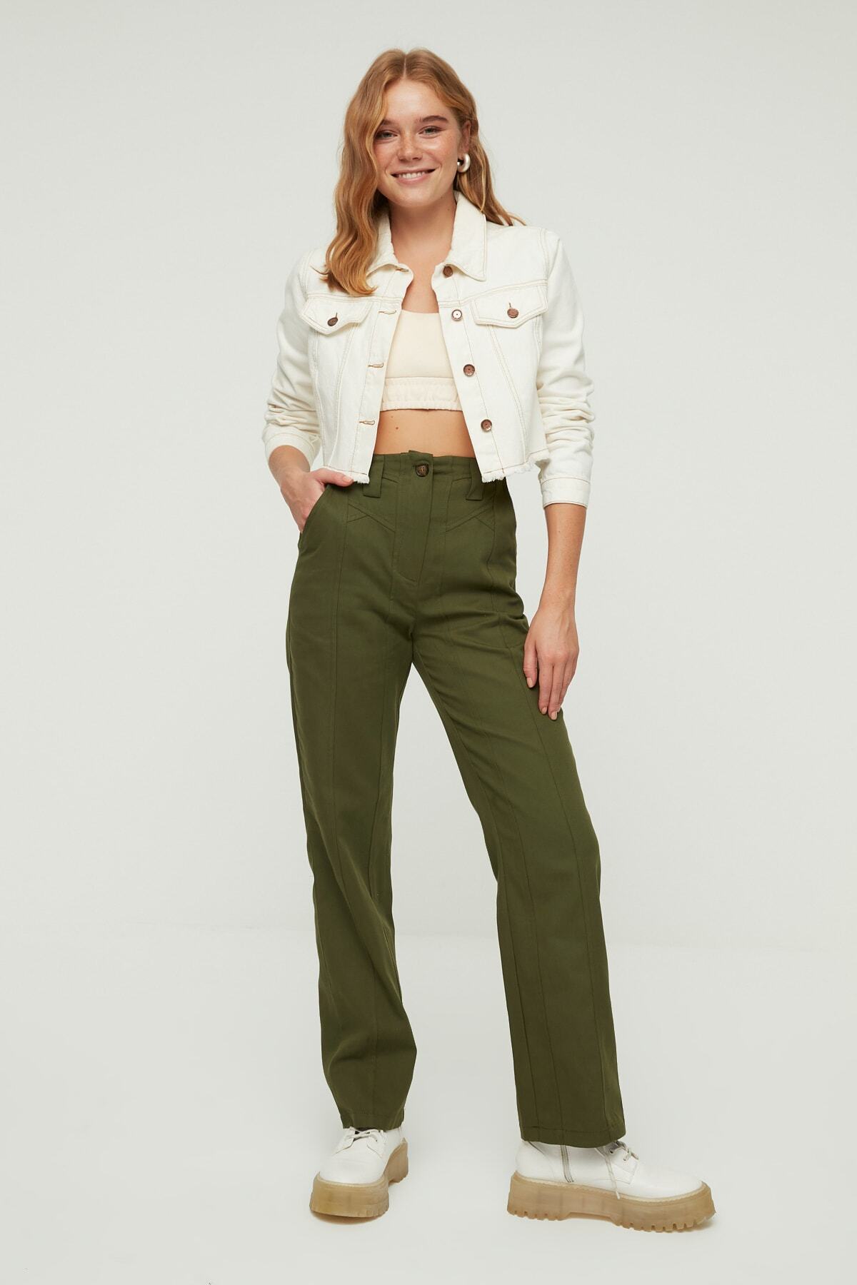 TRENDYOLMİLLA Haki Yüksek Bel Pantolon TWOAW22PL0689