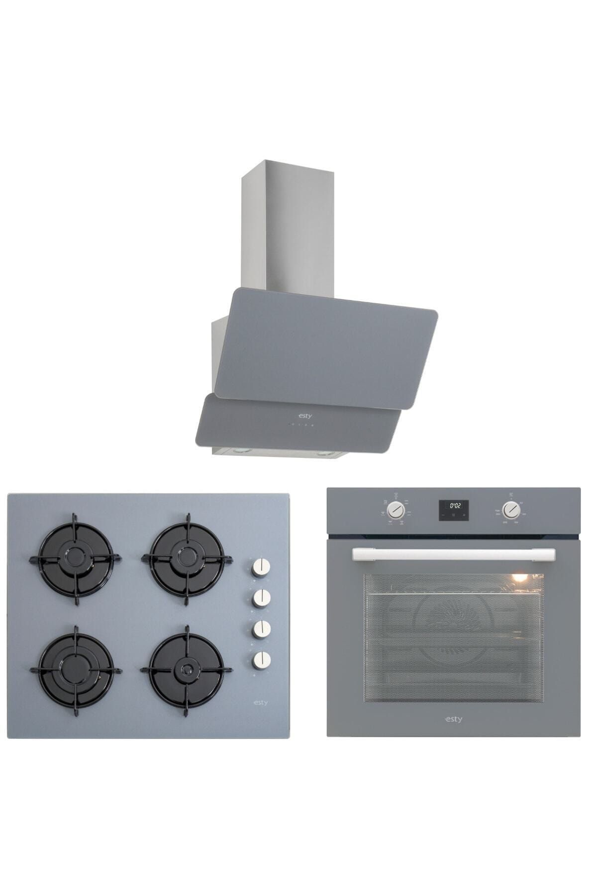 Esty Gri Cam Ankastre Set- AEF6603S02 Fırın, ACO5335S01 Ocak, 3471S6 Davlumbaz