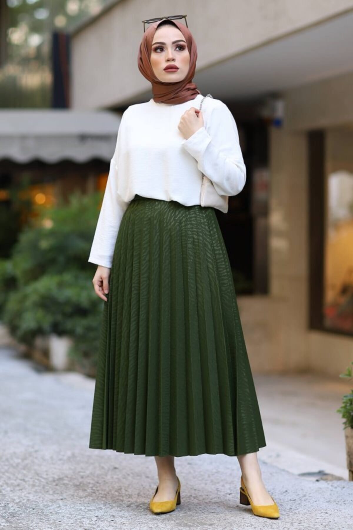 entesettür Su Desen Tesettür Etek Haki