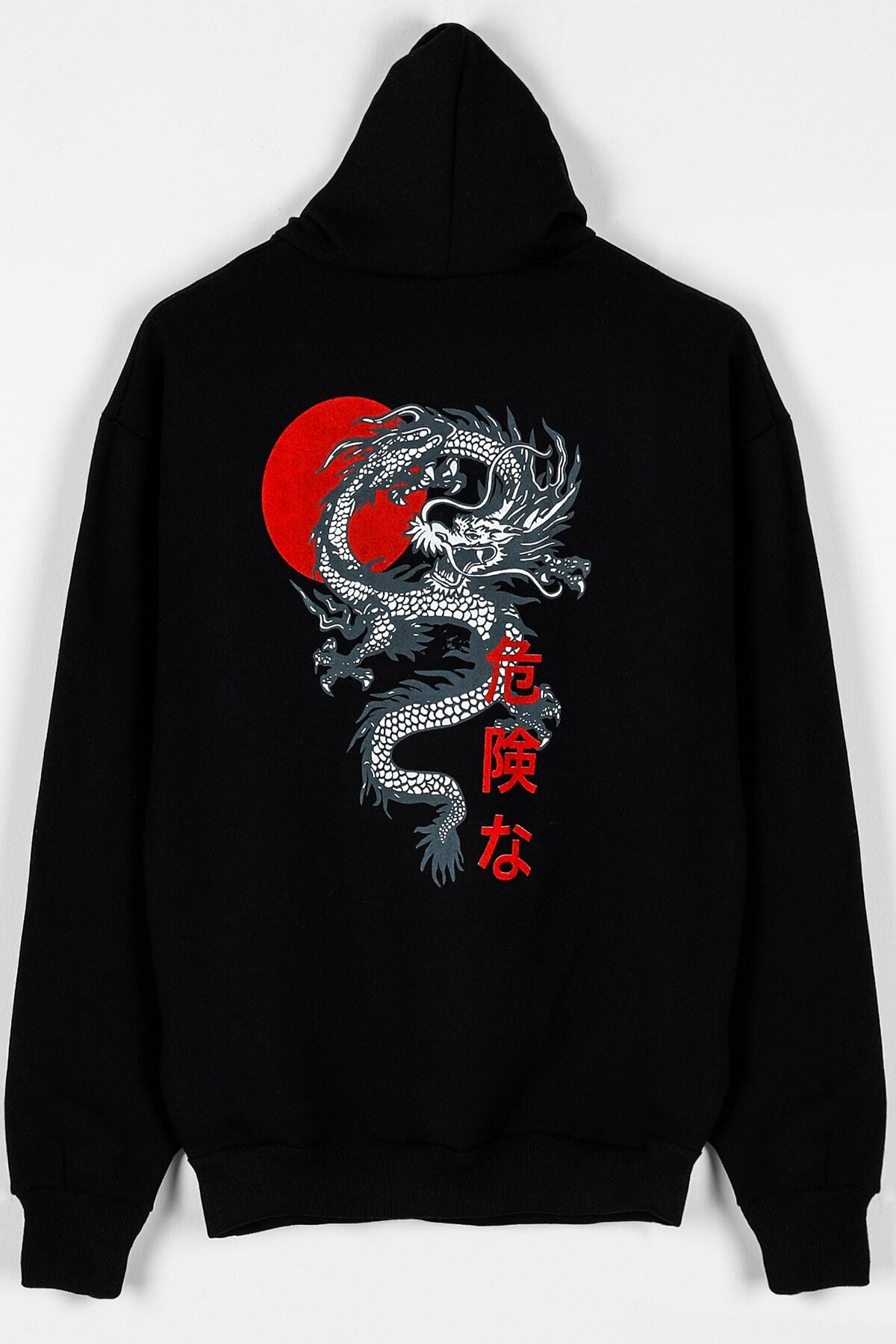 Sekizbiraltı Japon Karakter Sırt Baskılı Siyah Unisex Sweatshirt