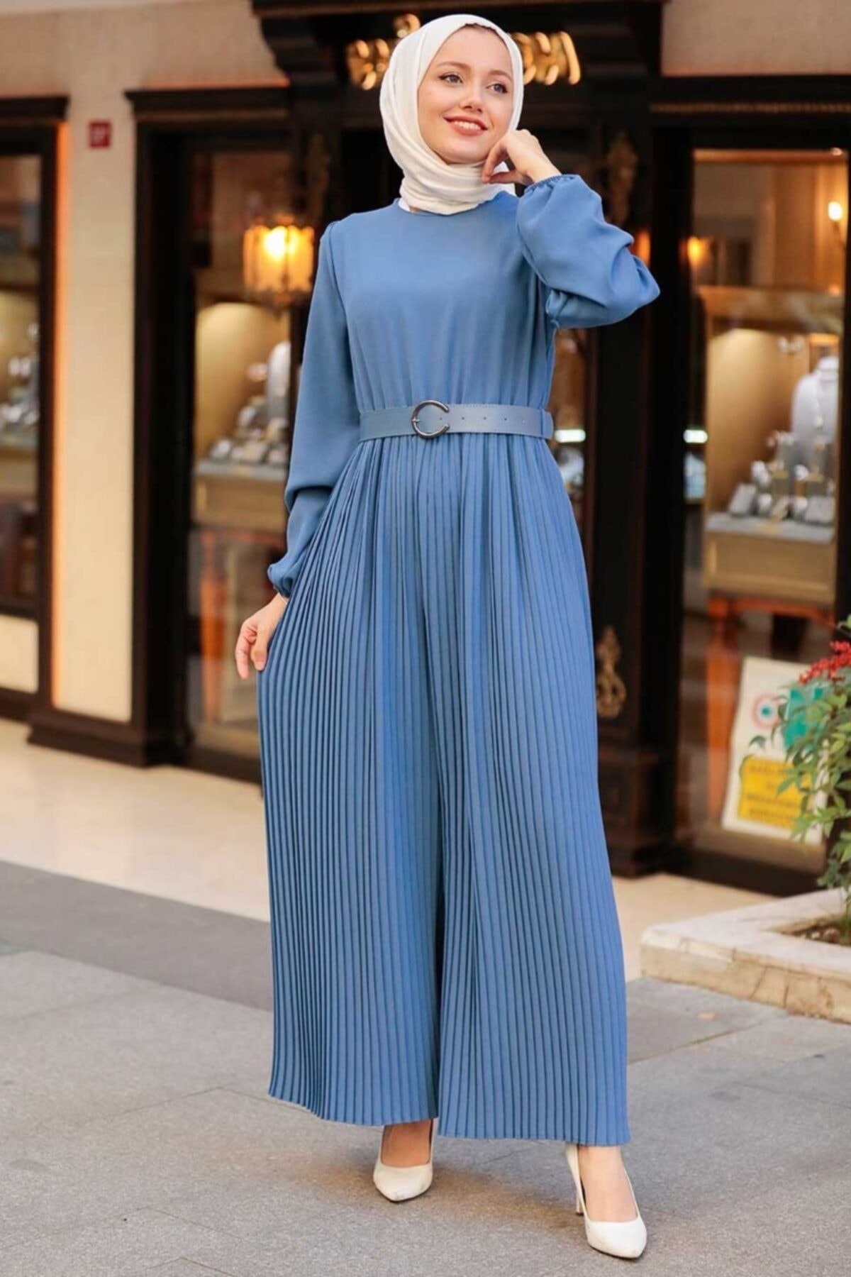 Neva Style - Kemerli Indigo Mavisi Tesettür Tulum 33840ım