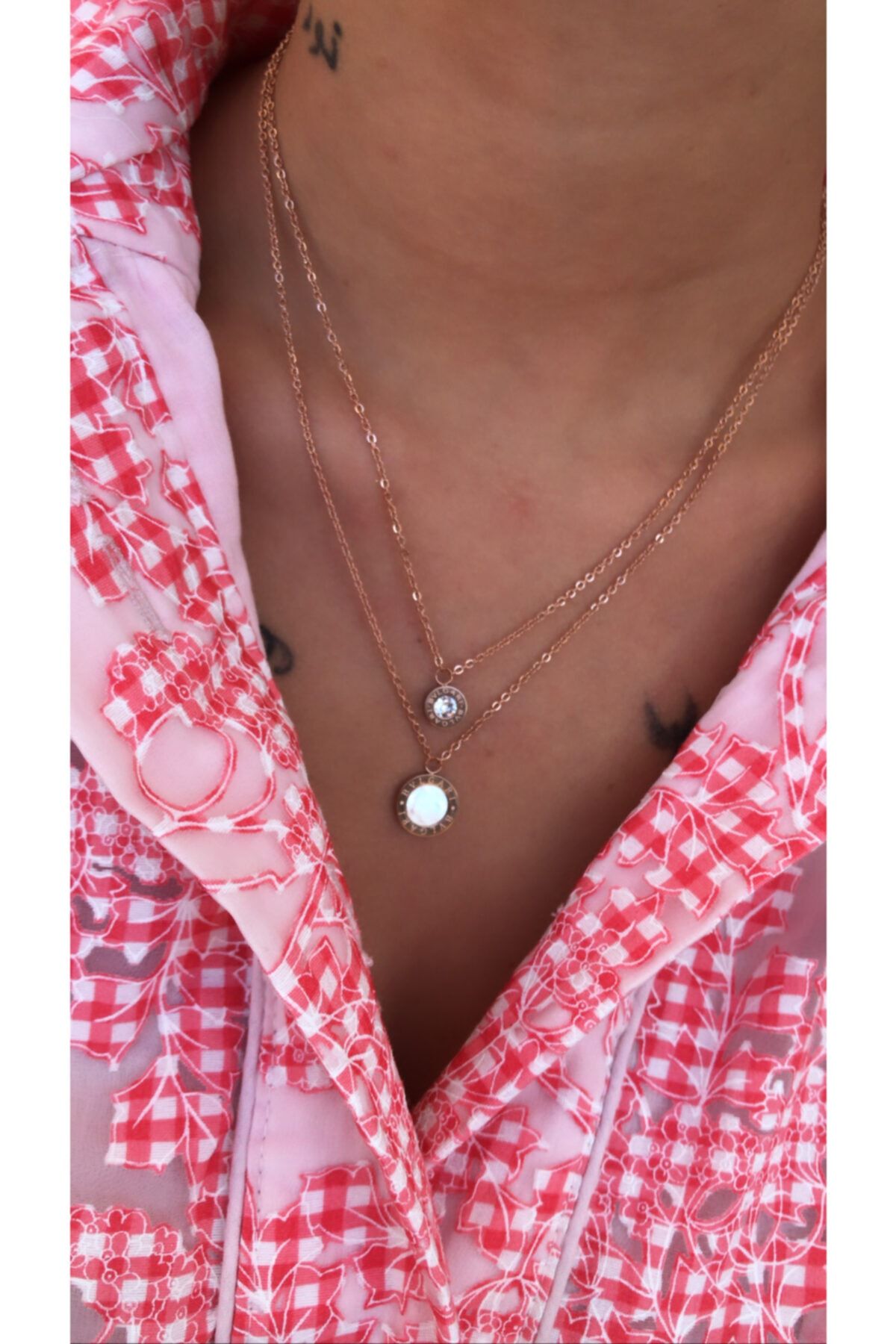 ZİNET TAKI Çelik Bvgari Model Rose Çift Zincirli Kolye