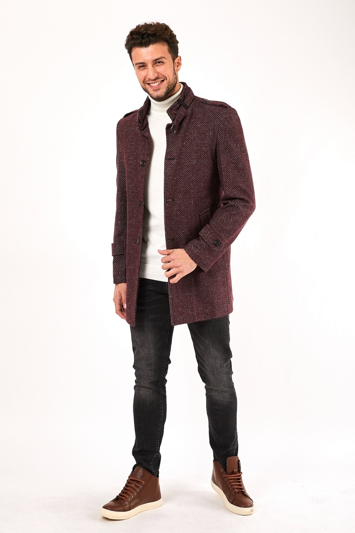 Sporting Erkek Bordo Dik Yakalı Kaşe Palto