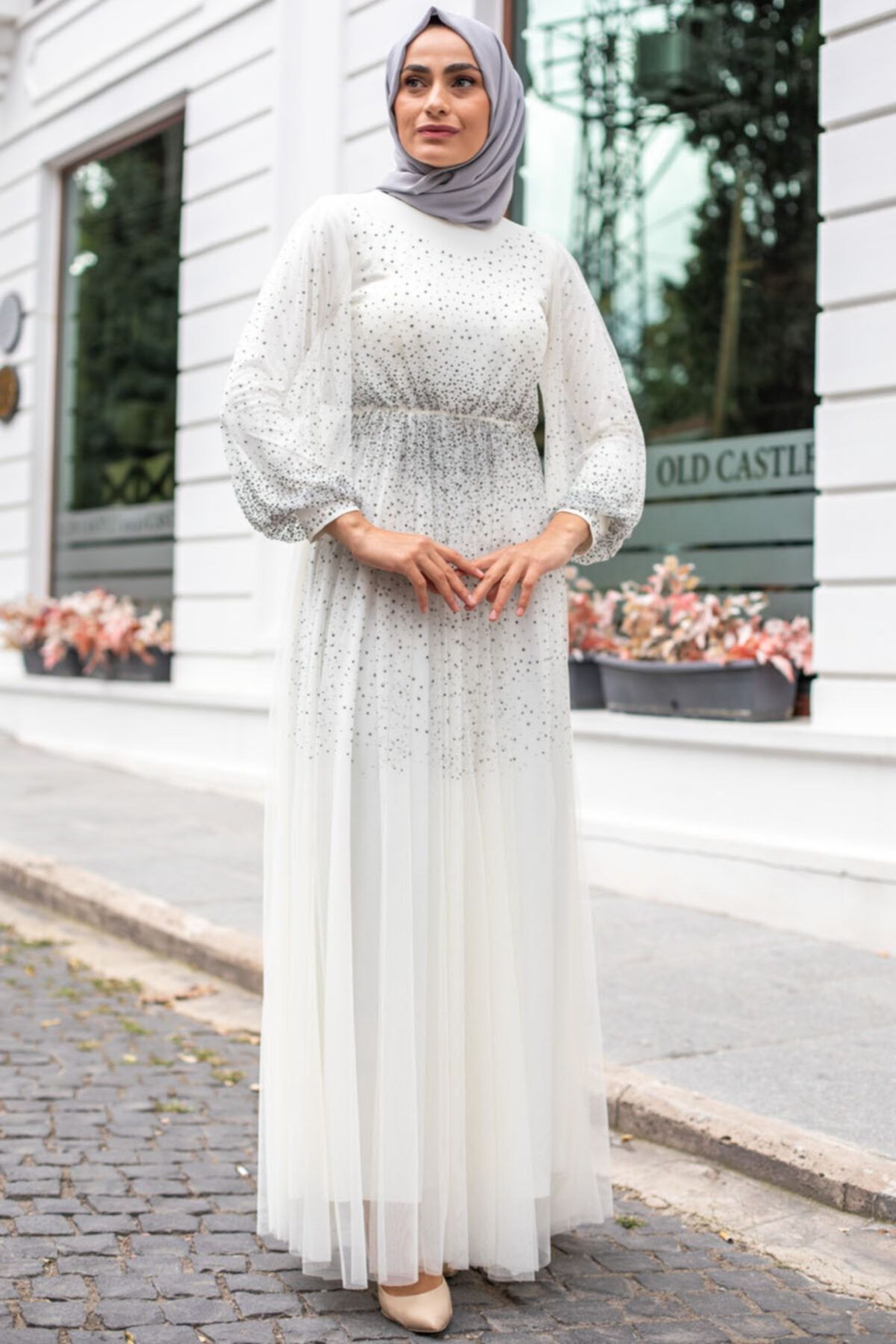 Feiza Collection Taş Detaylı Tesettür Abiye Elbise Ekru