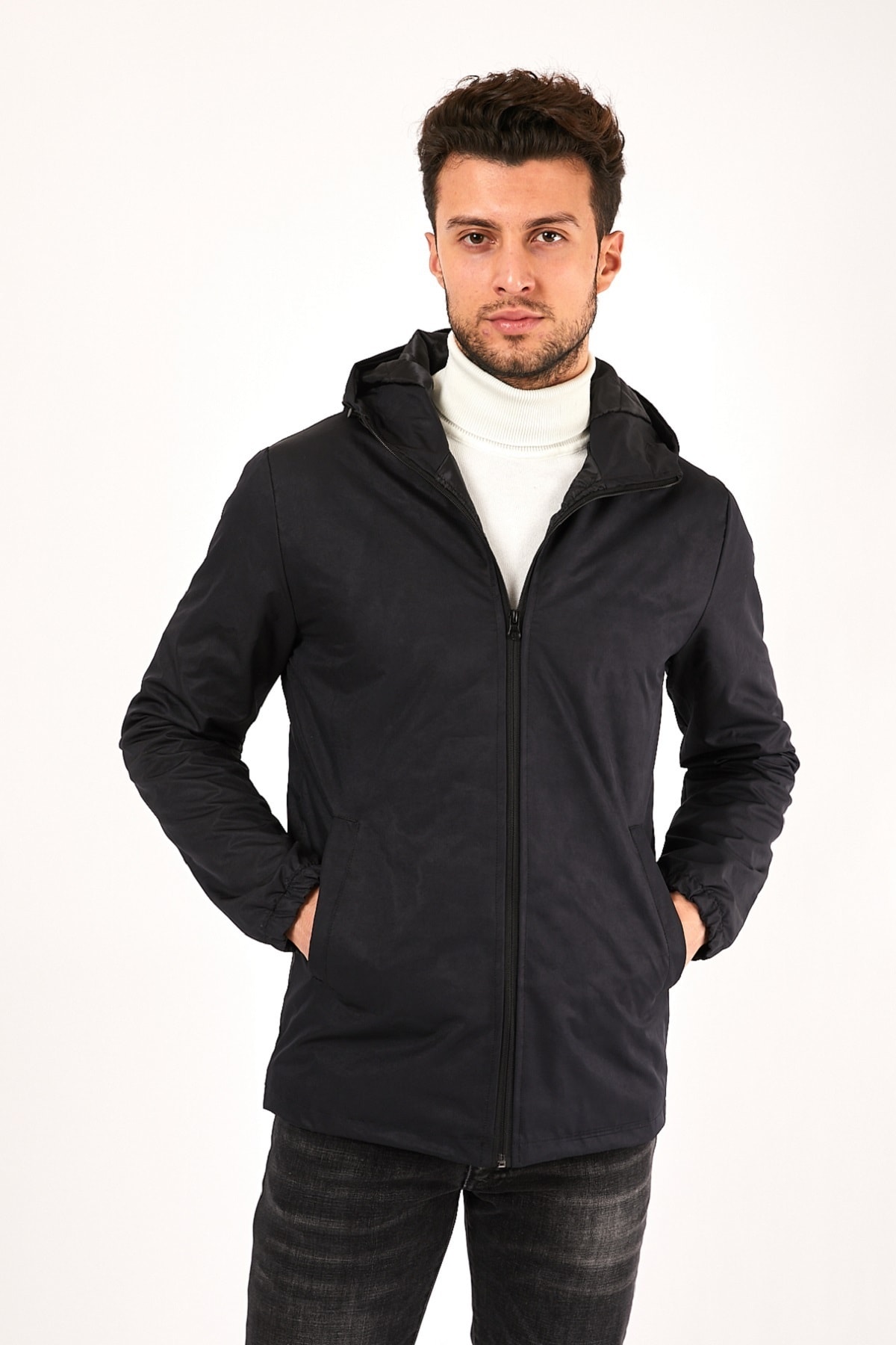 Sporting Erkek Siyah Kapüşonlu Su Geçirmez Yağmurluk