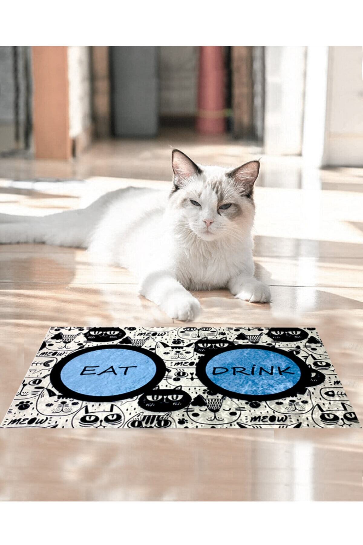 KuzgunHome Kedi Köpek Mama Paspası Mama Kabı Altlığı Makinede Yıkanabilir Mavi