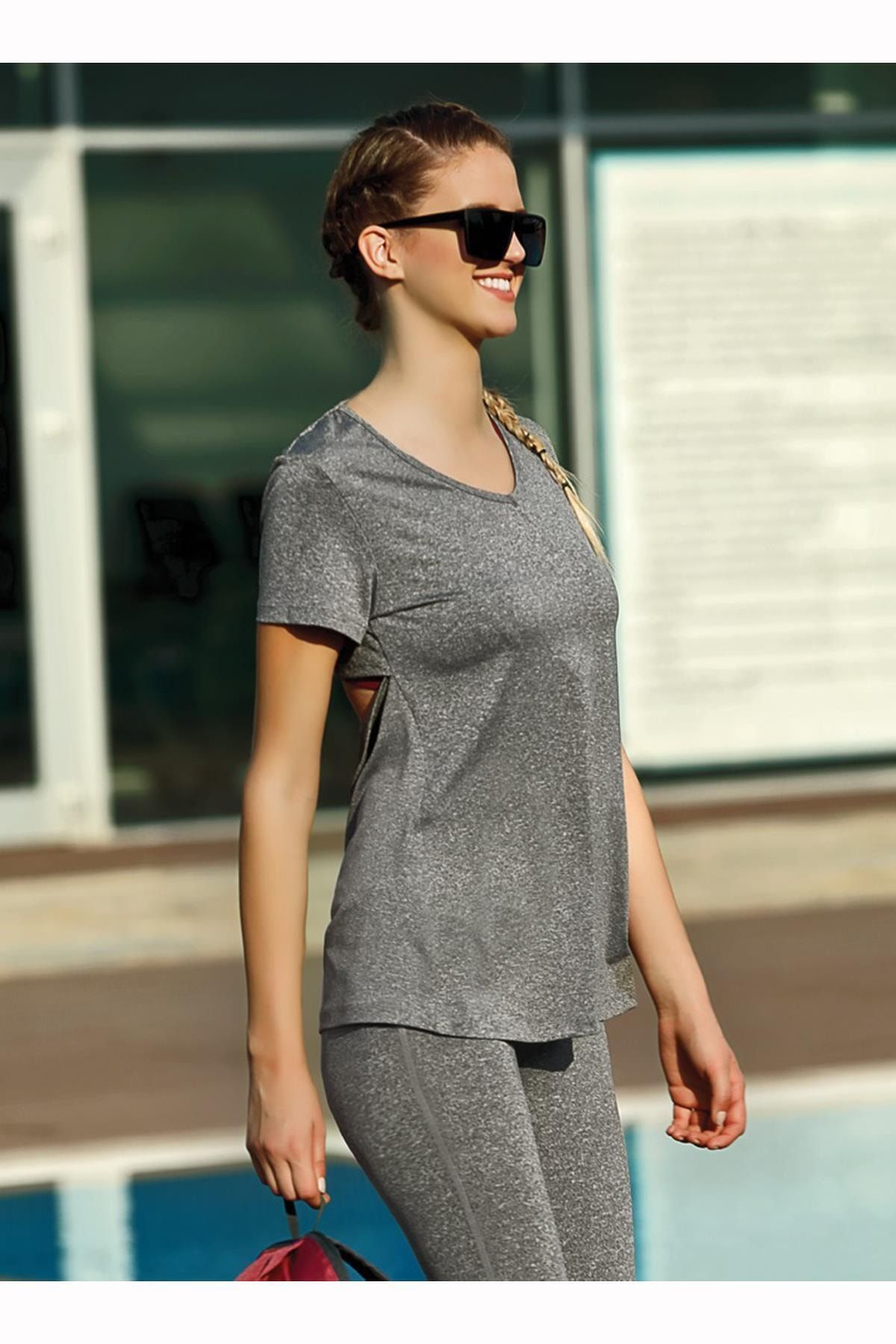GALLİPOLİ Kadın, (Gri)melanj Sporcu Sırt Dekolteli Tek Üst Yazlık Mikro Tshirt 7491