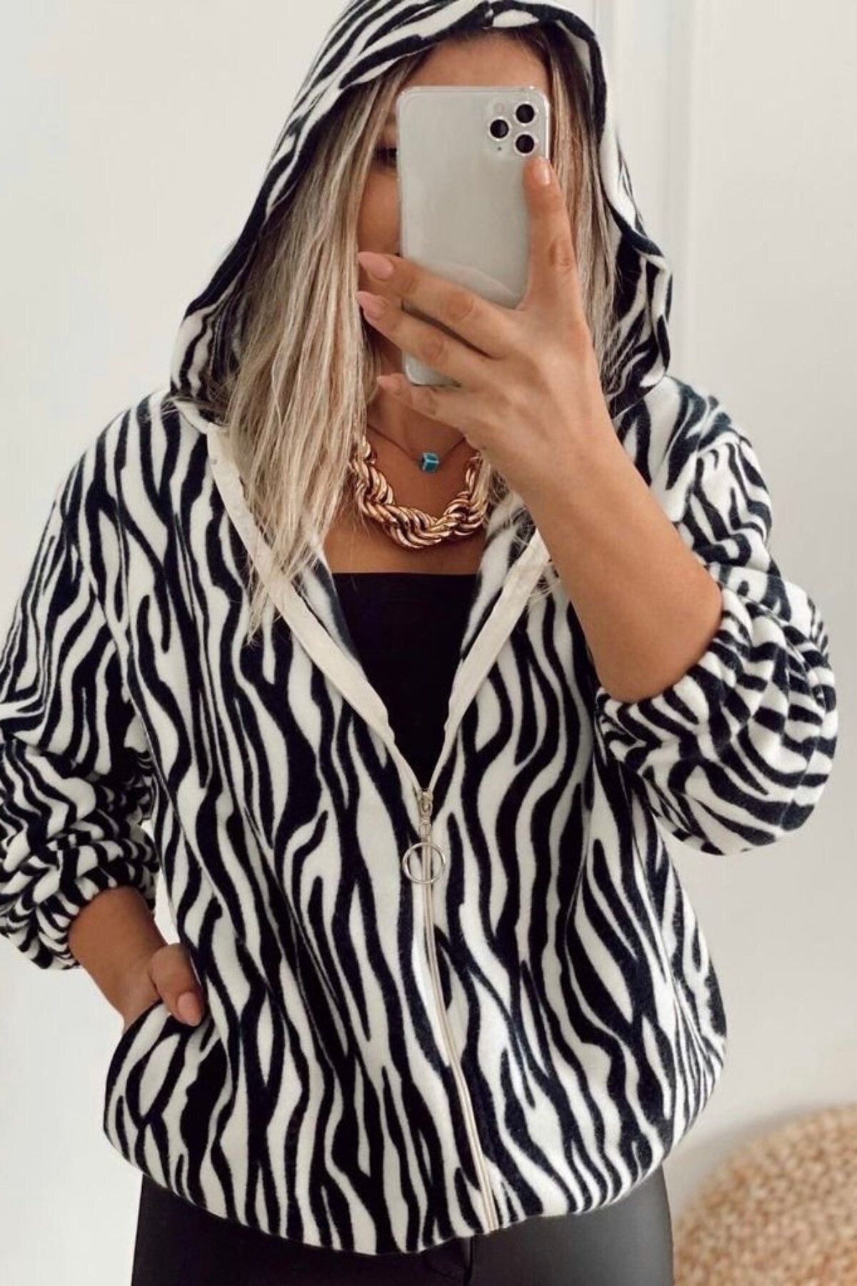 JANES Zebra Desen Fermuar Detay Kapüşonlu Polar