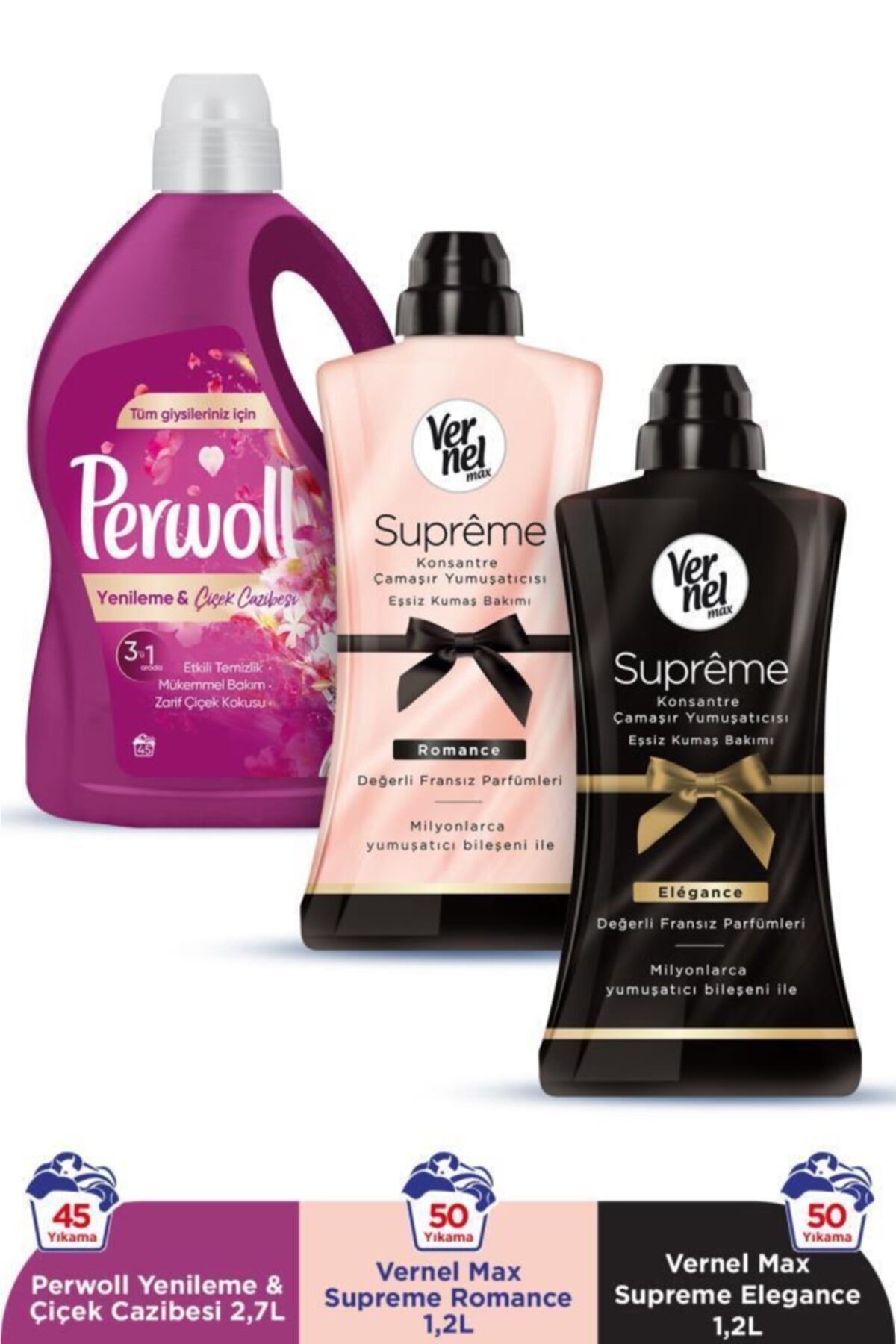 Perwoll Hassas Bakım Sıvı Çamaşır Deterjanı Çiçek Cazibesi 2,7L+Vernel Max Supreme 1200ml Romance + Elegance