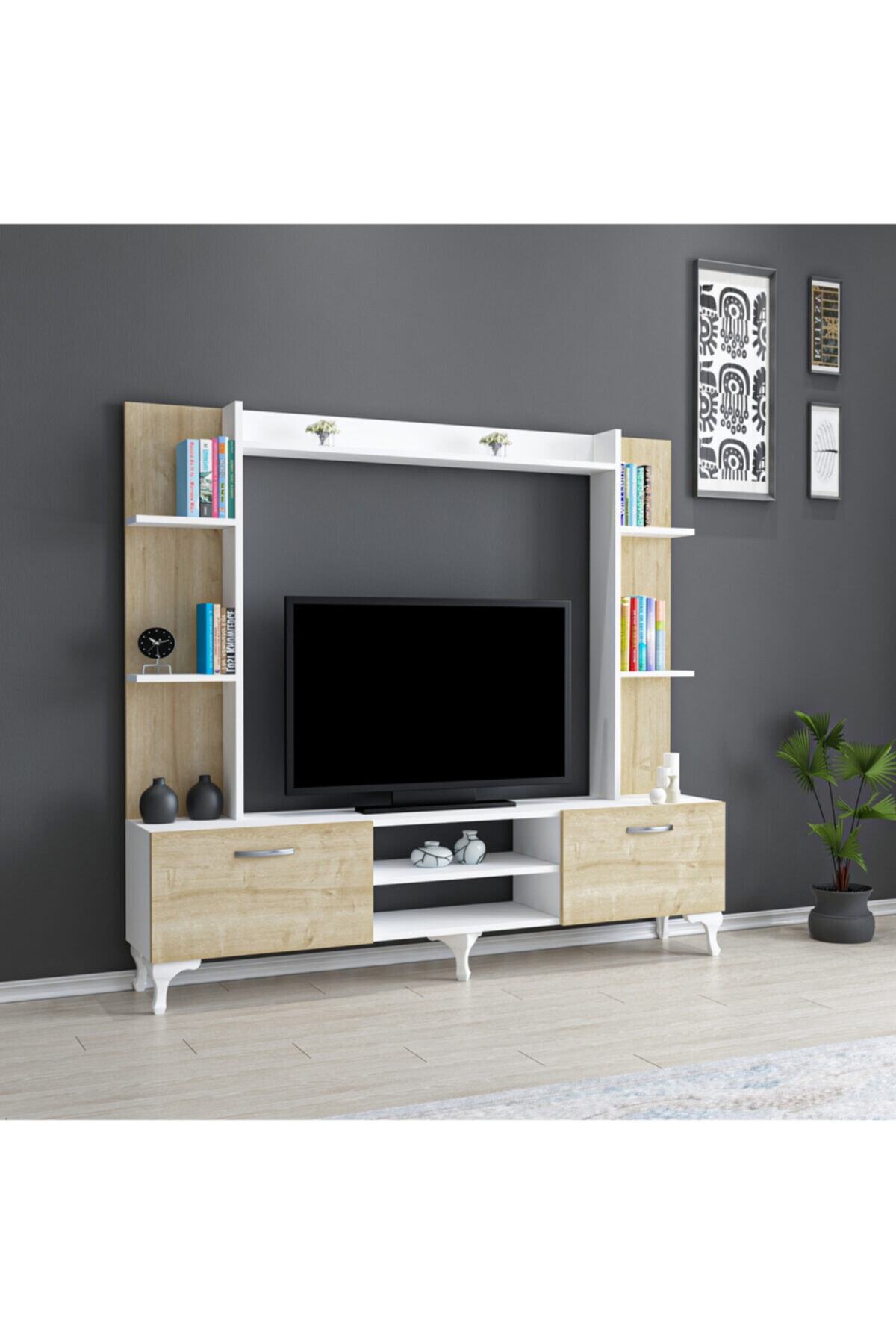ARNETTİ Rena Tv Ünitesi Beyaz-safirmeşe 135x150x32 Kare Ve Uzun Raflı Dolaplı Dekoratif Kolay Kurulum