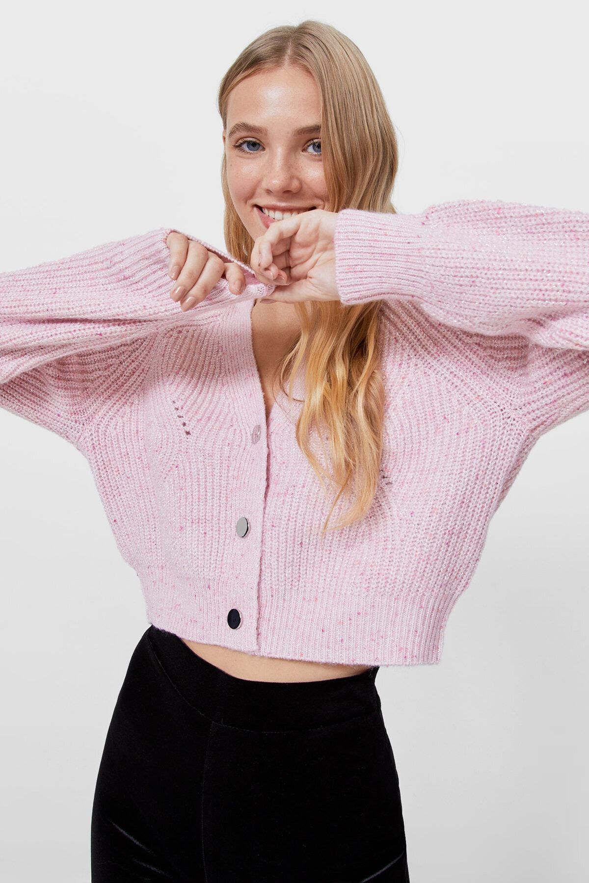 Stradivarius Parıltılı Iplikli Triko Hırka Pembe