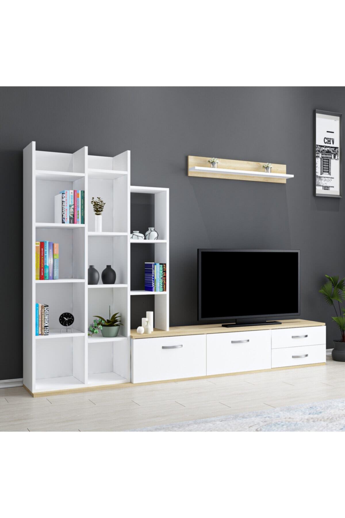 ARNETTİ Sanem Tv Ünitesi Beyaz-safirmeşe 154x240x35cm Dolaplı Ve Raflı Kolay Kurulum