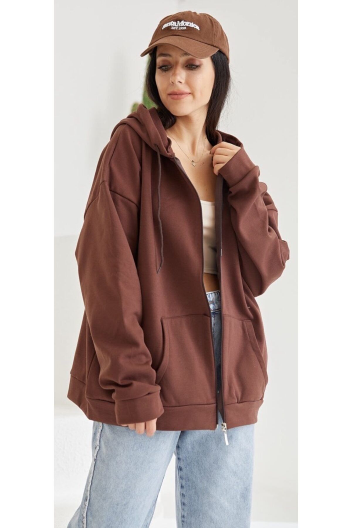 The Ness Collection Kapüşonlu Fermuarlı Kahve Sweatshirt