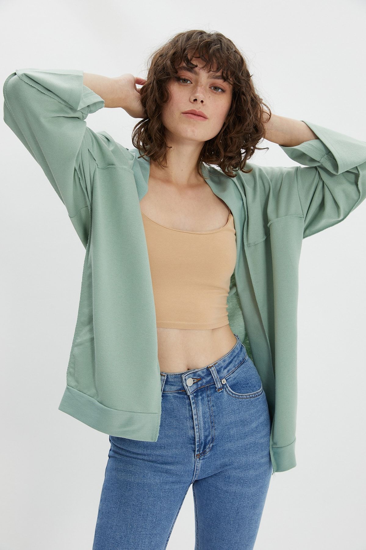 TRENDYOLMİLLA Koyu Mint Dikiş Detaylı Oversize İnce Örme Hırka TWOAW22HI1123