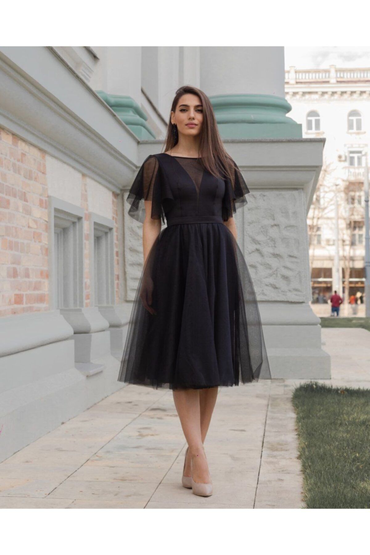 LORİA Siyah Midi Boy Abiye Elbise 5110
