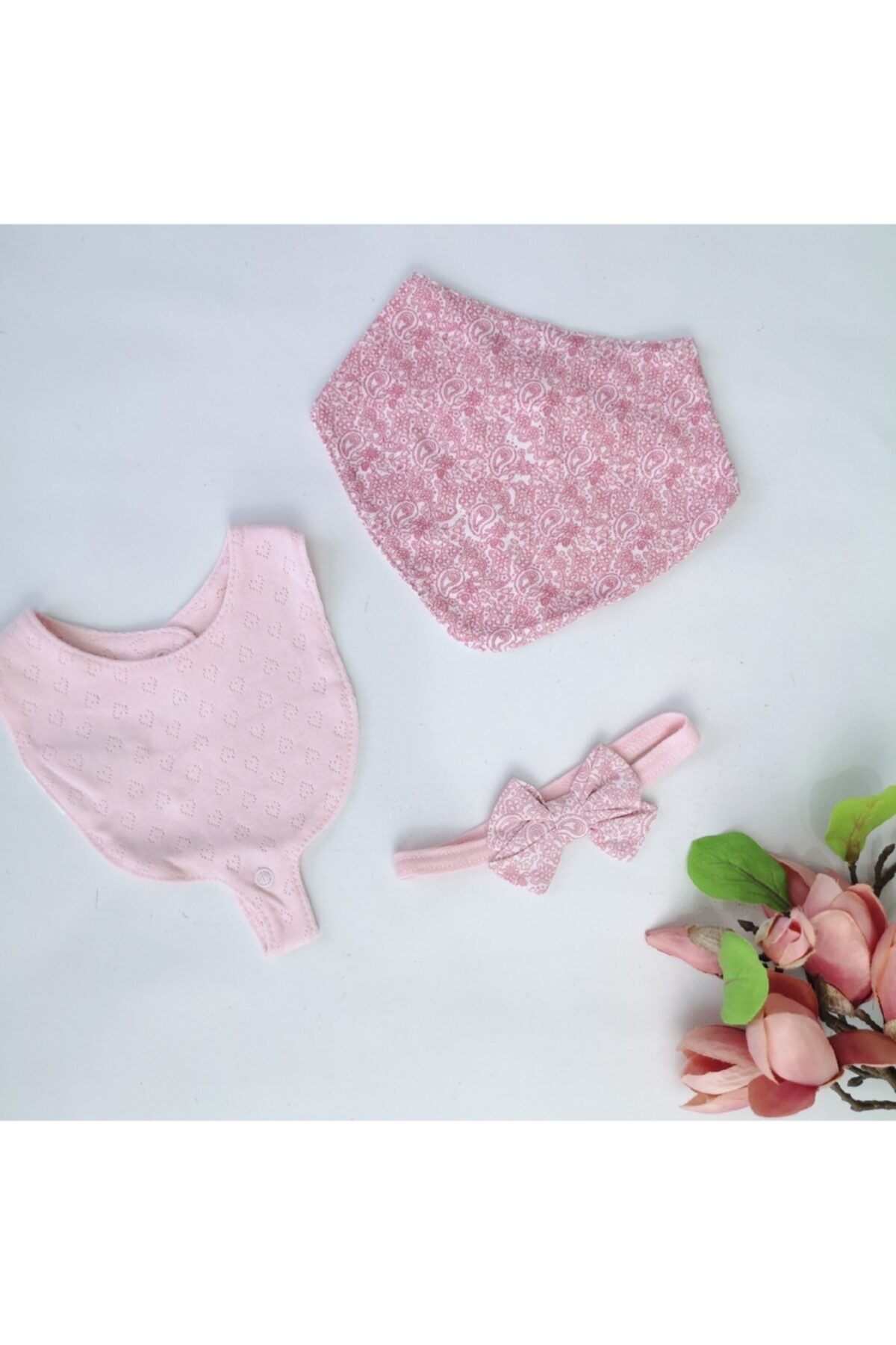Bibaby Pembe 2li Üçgen Önlük Saç Bandı Bebek 3lü Takım