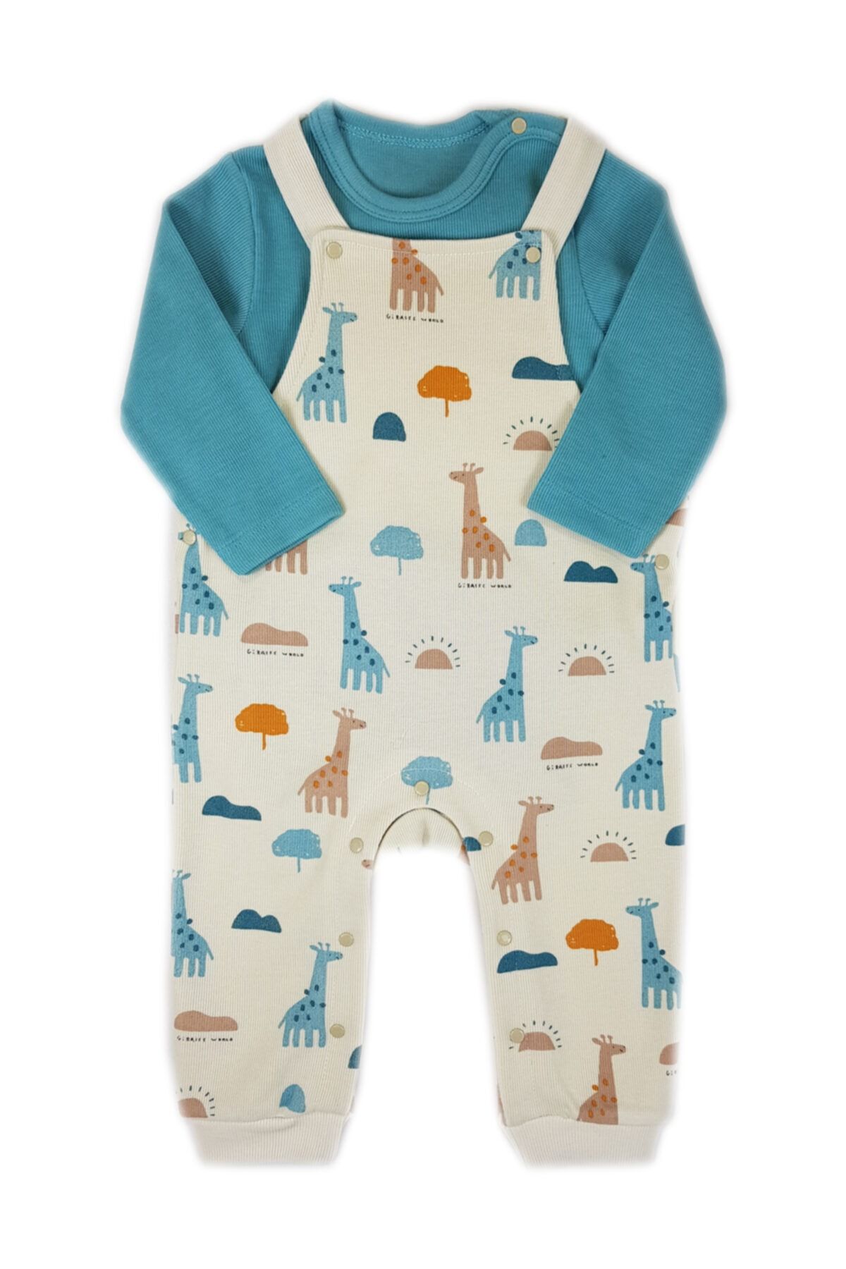 Luggi Baby Unisex Pamuklu Selanik Kumaş Zürafa Desenli Bodyli Salopet Tulum