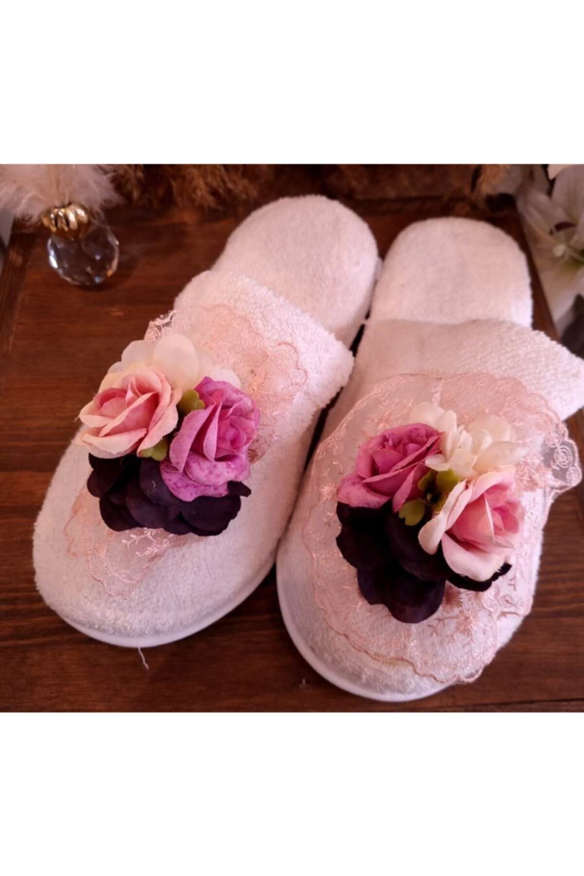 sinyora design Pembe Mor Çiçekli Lohusa Terliği