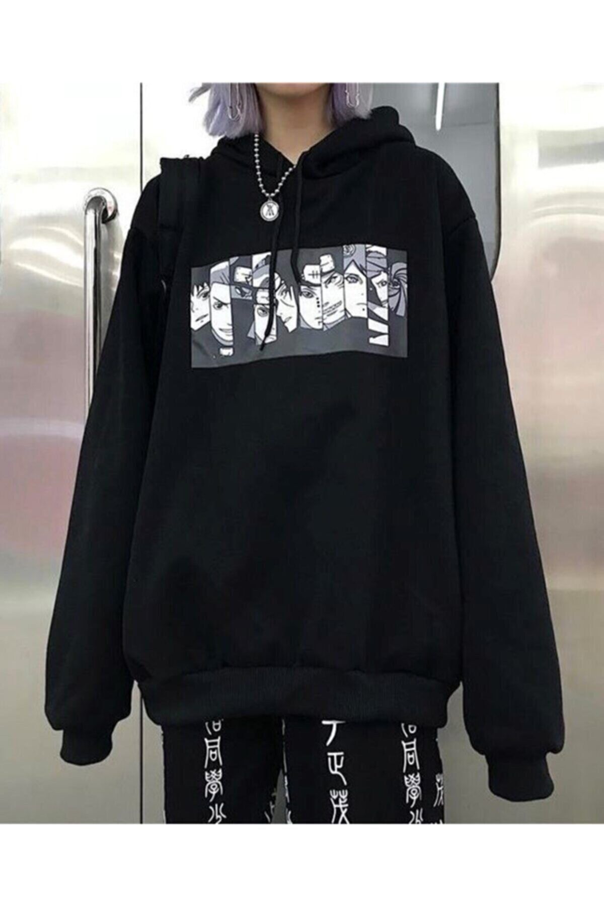 LePold Siyah Kapüşonlu Naruto Anime Oversize Sweatshirt