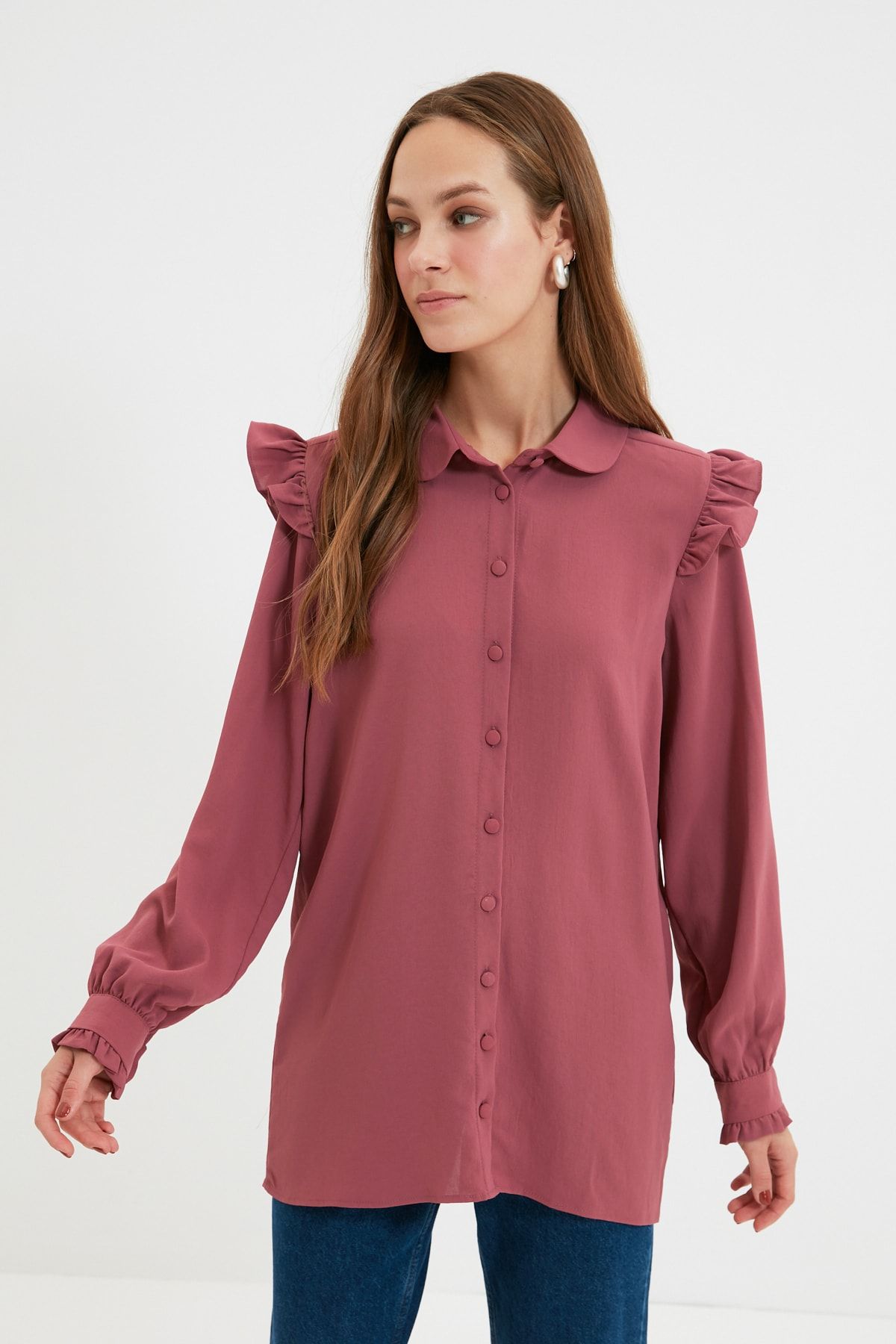 Trendyol Modest Gül Kurusu Kolları Fırfır Detaylı Tunik TCTAW22UK0244
