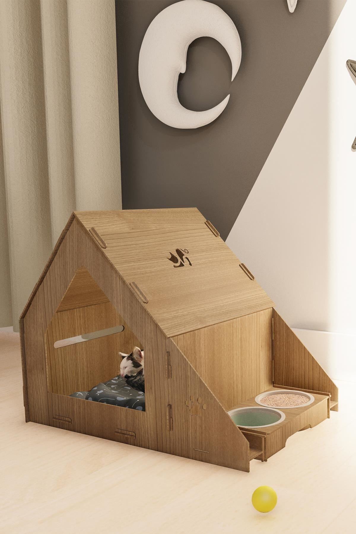 YUVAMDİZAYN Badem Kedi Evi Ceviz 35*40*50