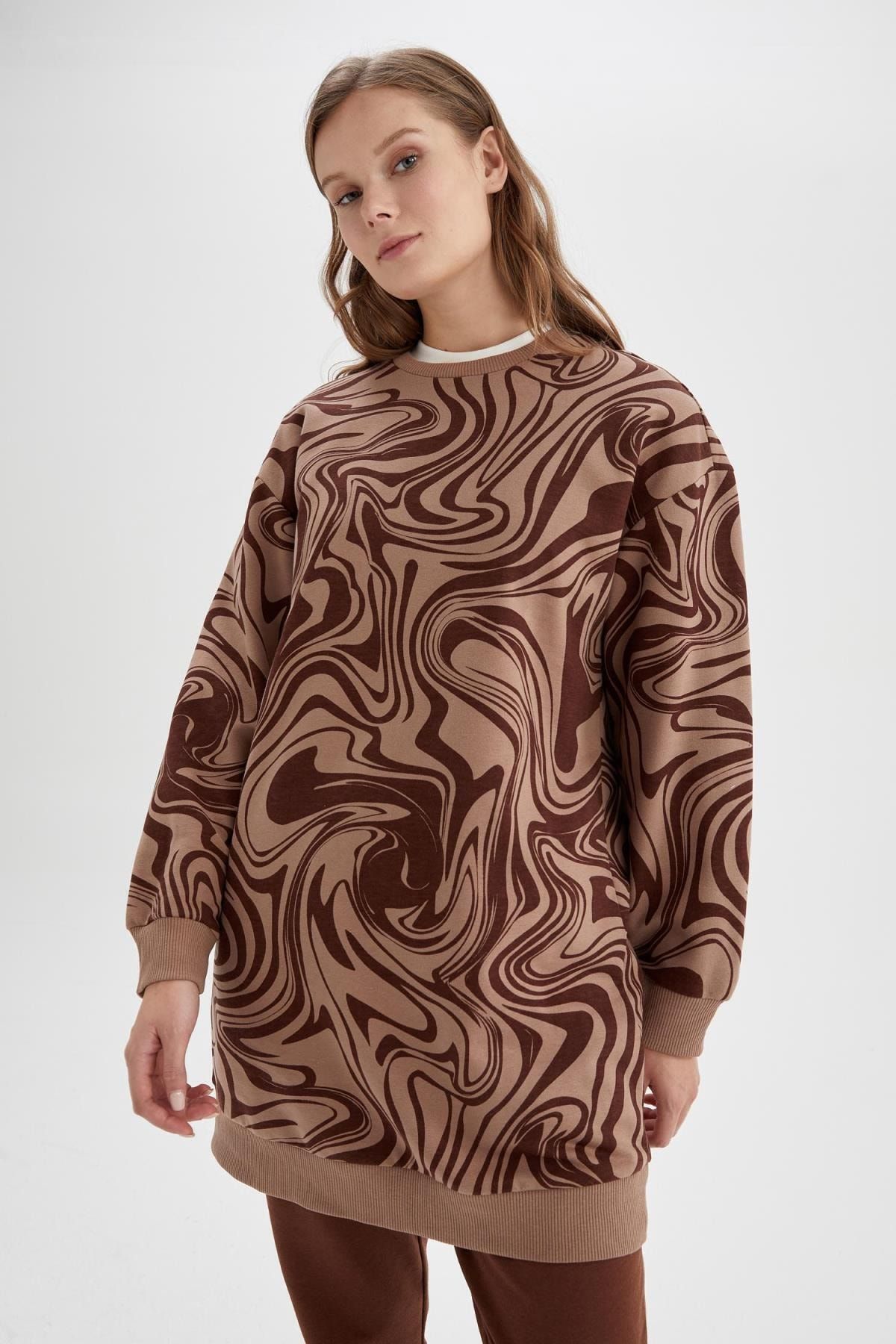 DeFacto Oversize Fit Baskılı Bisiklet Yaka Ince Sweatshirt Kumaşı Sweatshirt Tunik