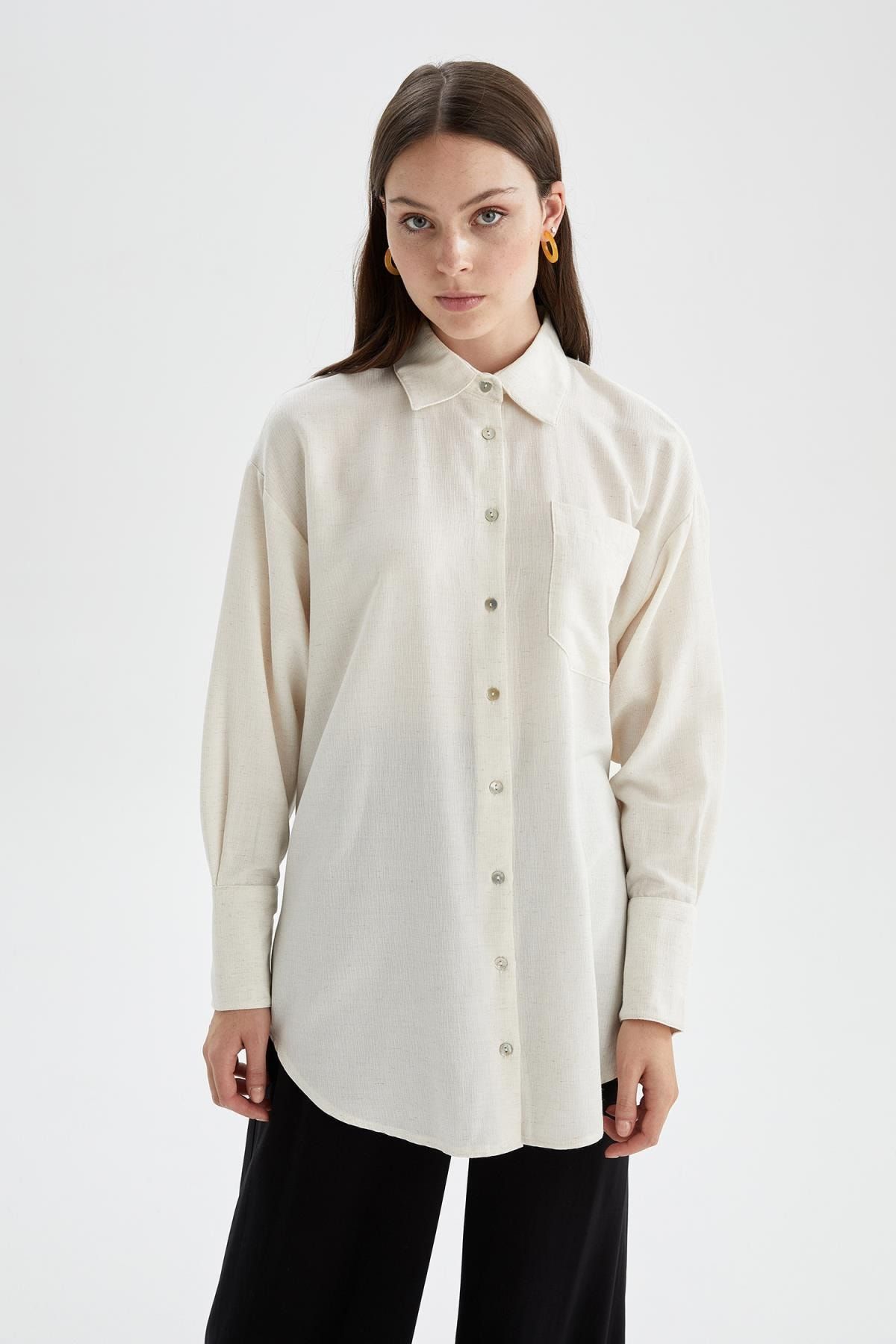 Linen-Blend Button-Down Boyfriend Shirt