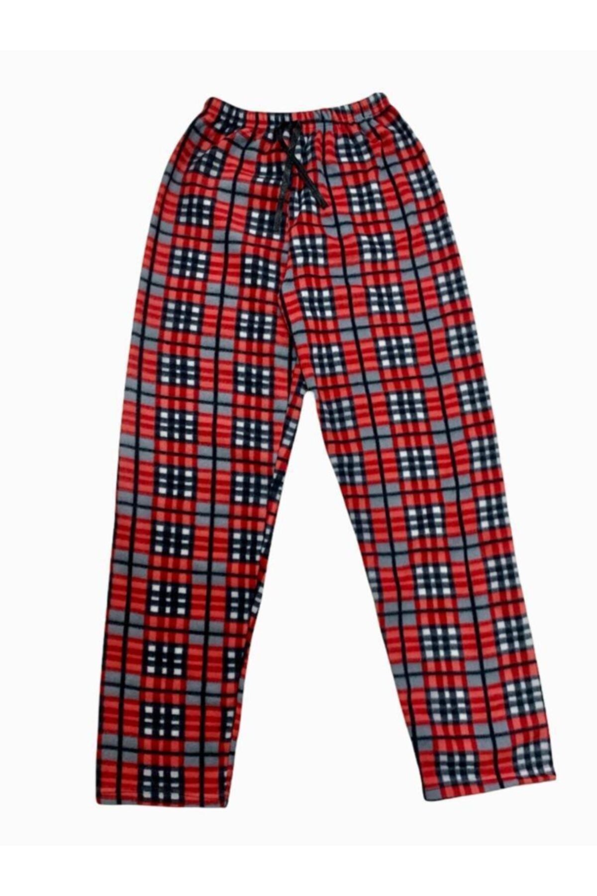 OMODAM Kadın Kareli Dar Kesim Tek Alt Peluş Polar Pijama