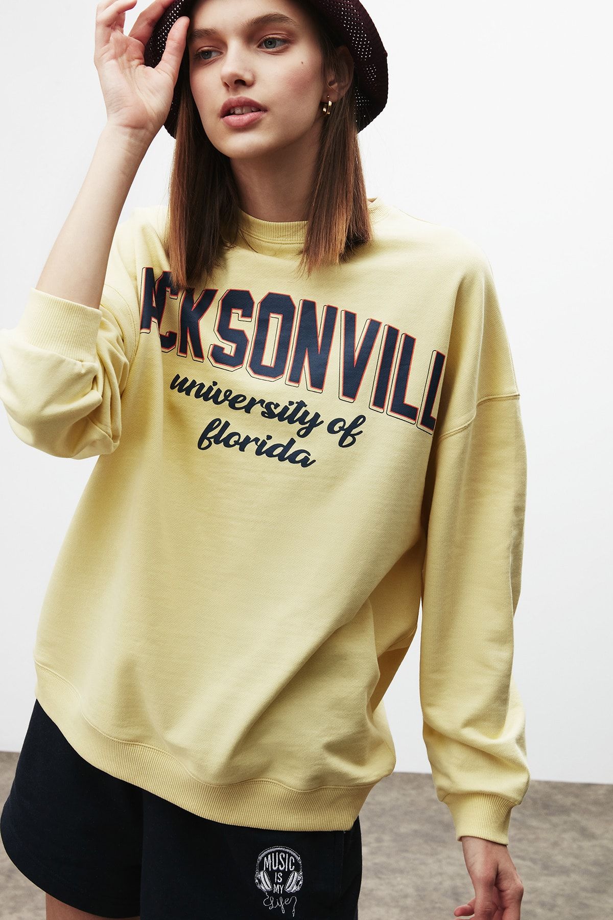 GRIMELANGE Ramona Kadın Sarı Baskılı Bisiklet Yaka Oversize Sweatshirt
