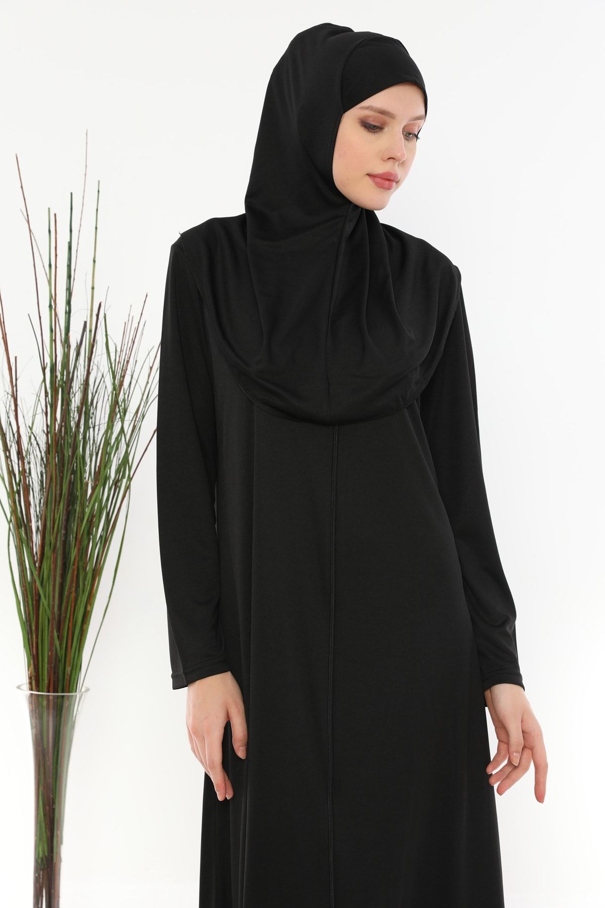 Feyza Fashion Namaz Elbisesi Fermuarlı Başörtülü Tek Parça Siyah