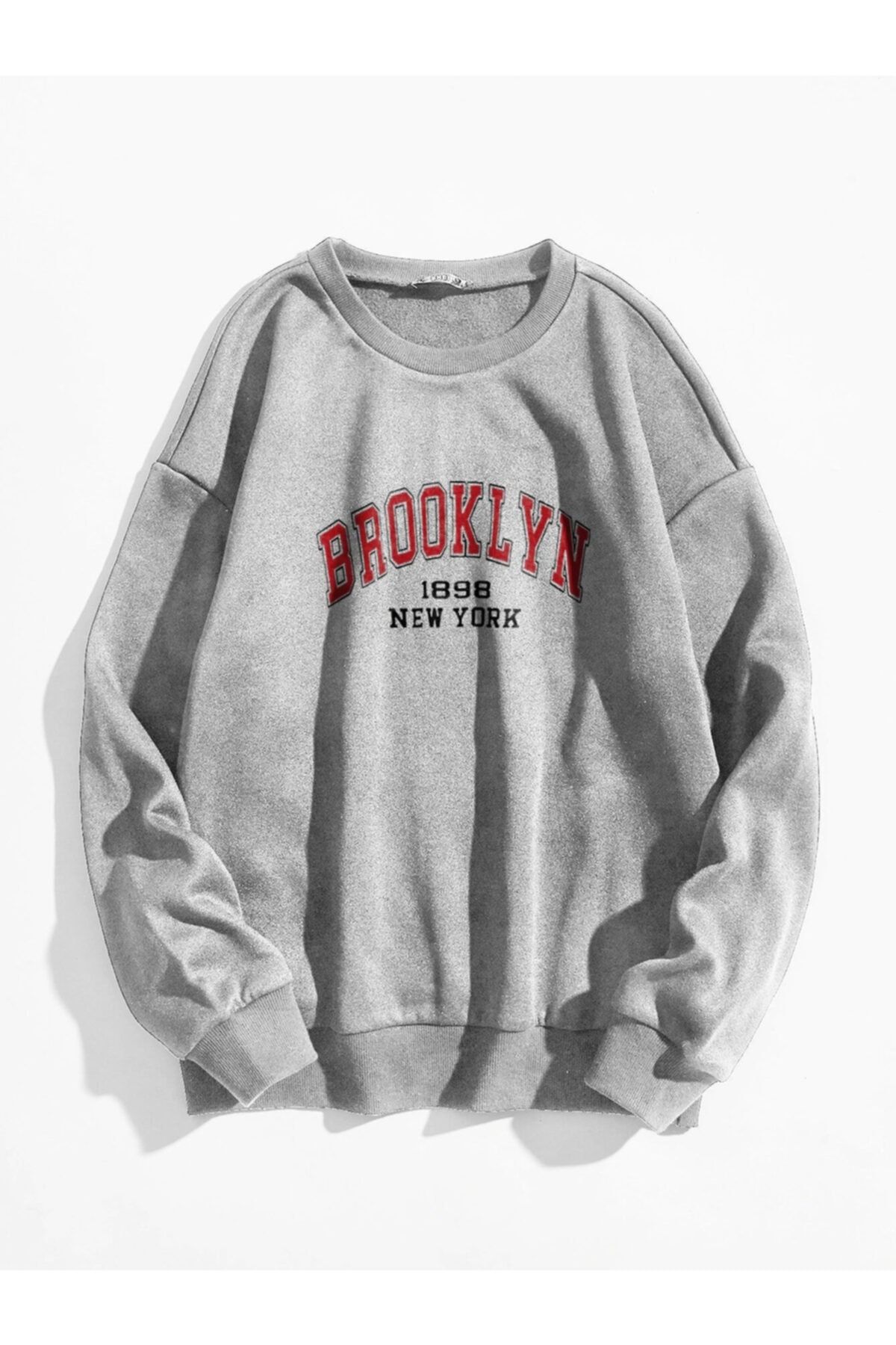 LADDYBUNNY Unisex Oversize Gri Brooklyn Ny Baskılı Üç Iplik Sweatshirt