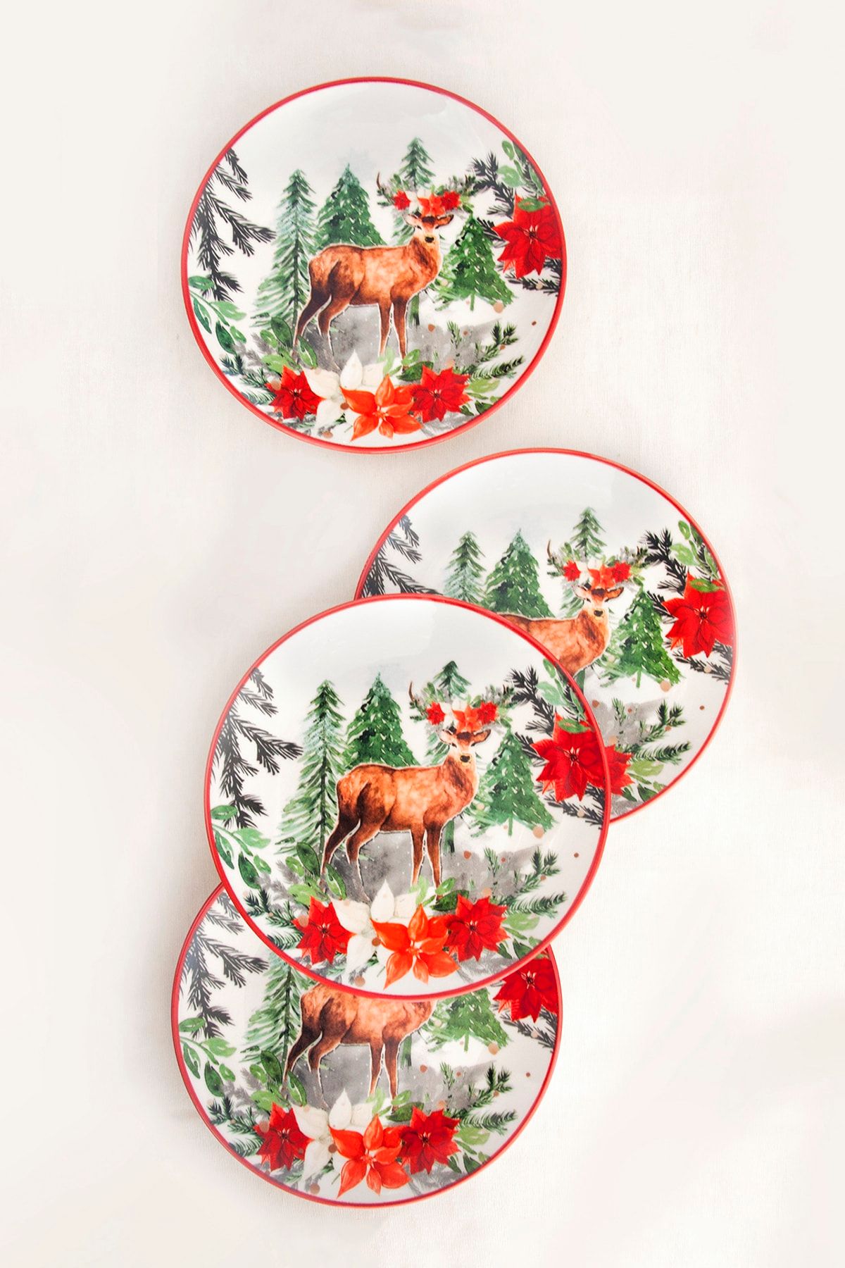 Bursa Porselen Dekor Yeni Yıl Serisi Christmas Deer 4 Parça Servis Tabağı