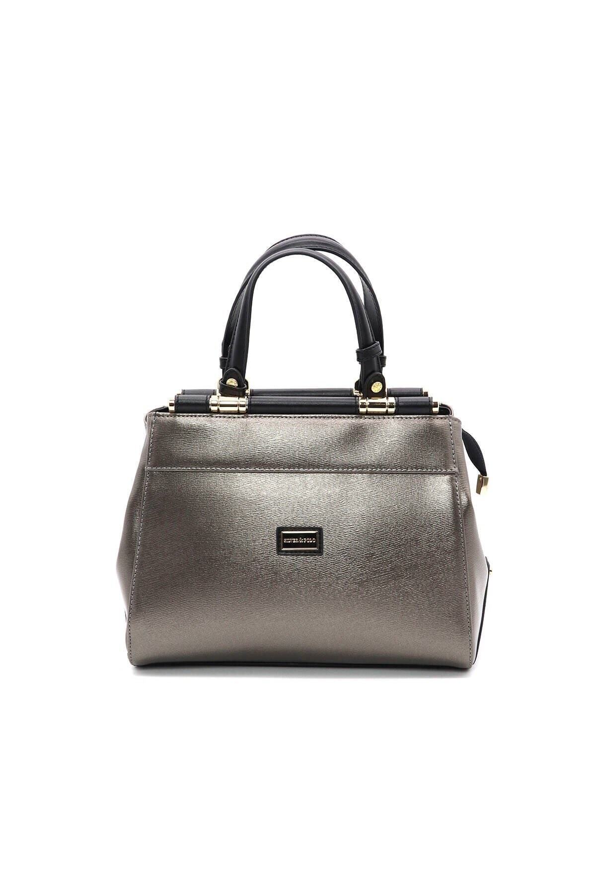 Silver Polo Platin - Siyah Üç Bölmeli Kadın El Çantası Sp1020