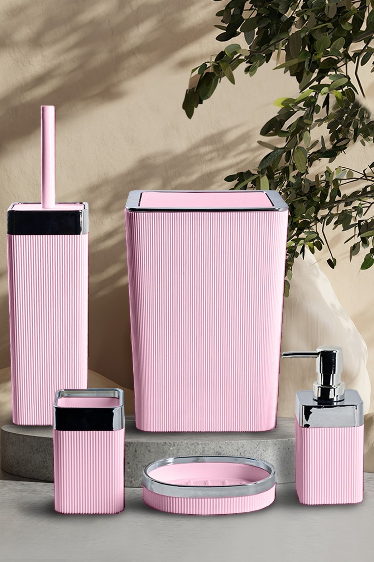 Violet Still Rattan 5 Parça Krom Kaplama Kare Banyo Seti Pudra