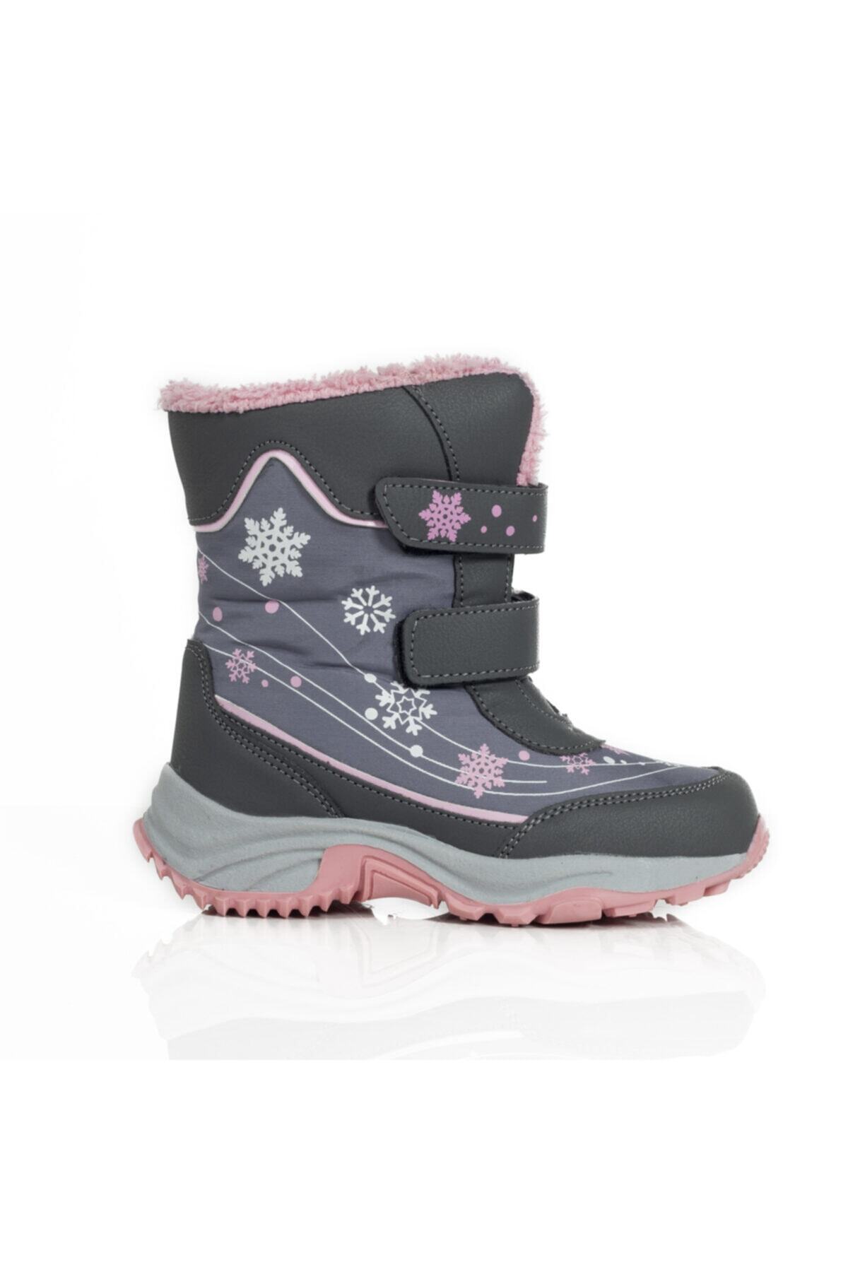 İncimoda Kız Çocuk Ortopedik Kar Botu Trekking Kaymaz Taban Gri Pembe