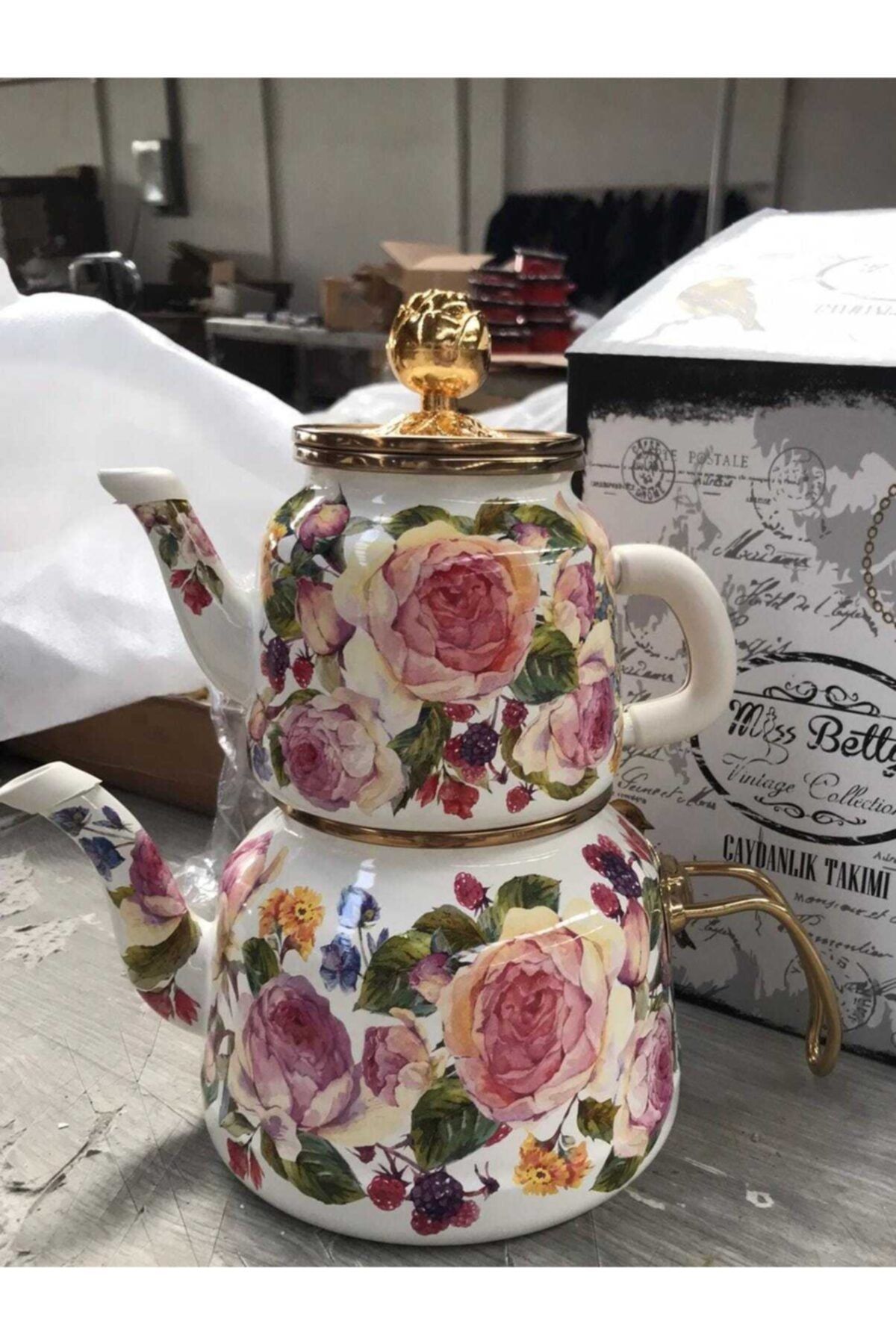 Miss Betty Emaye Çaydanlık Seti Gül Desen Yeni