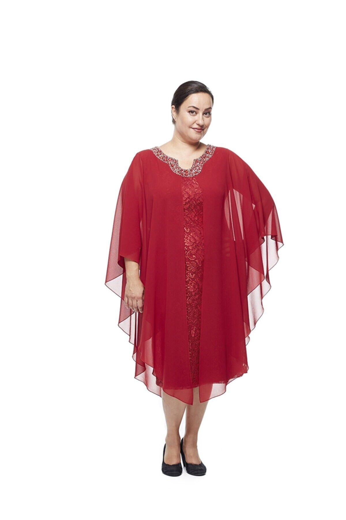 Moda Berray Yaka Taş Işlemeli Dantel Büyük Beden Elbise Kırmızı